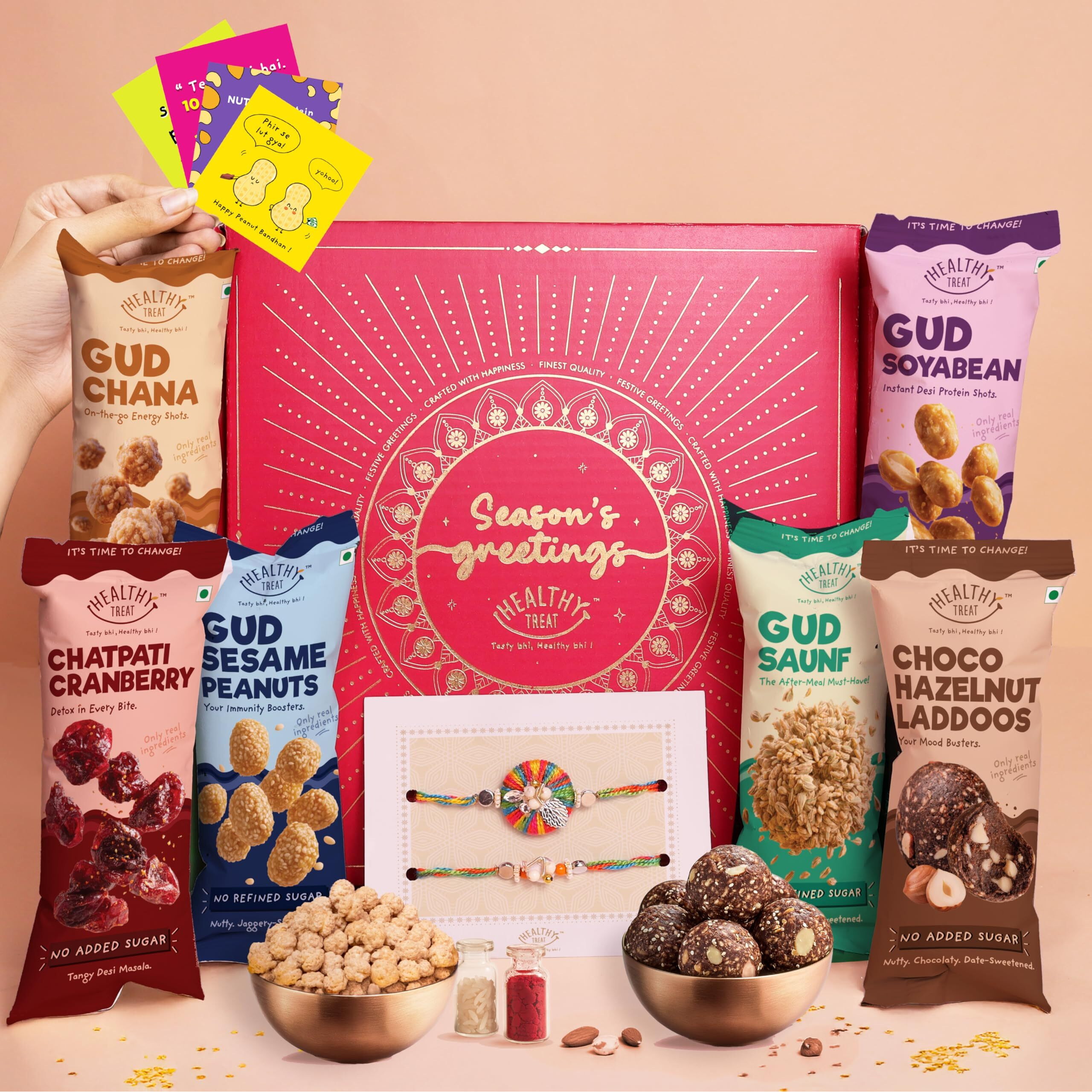 Healthy Treat Anmol Rishta Rakhi Gift Hamper | 9 Item Rakhi Hamper For Brother | Roasted Sweet Snacks, Berries, Hazelnut Dry-Fruit Laddoos, A Pair Of Rakhii, Roli Chawal, Stickers | Rakhi Set For Brother