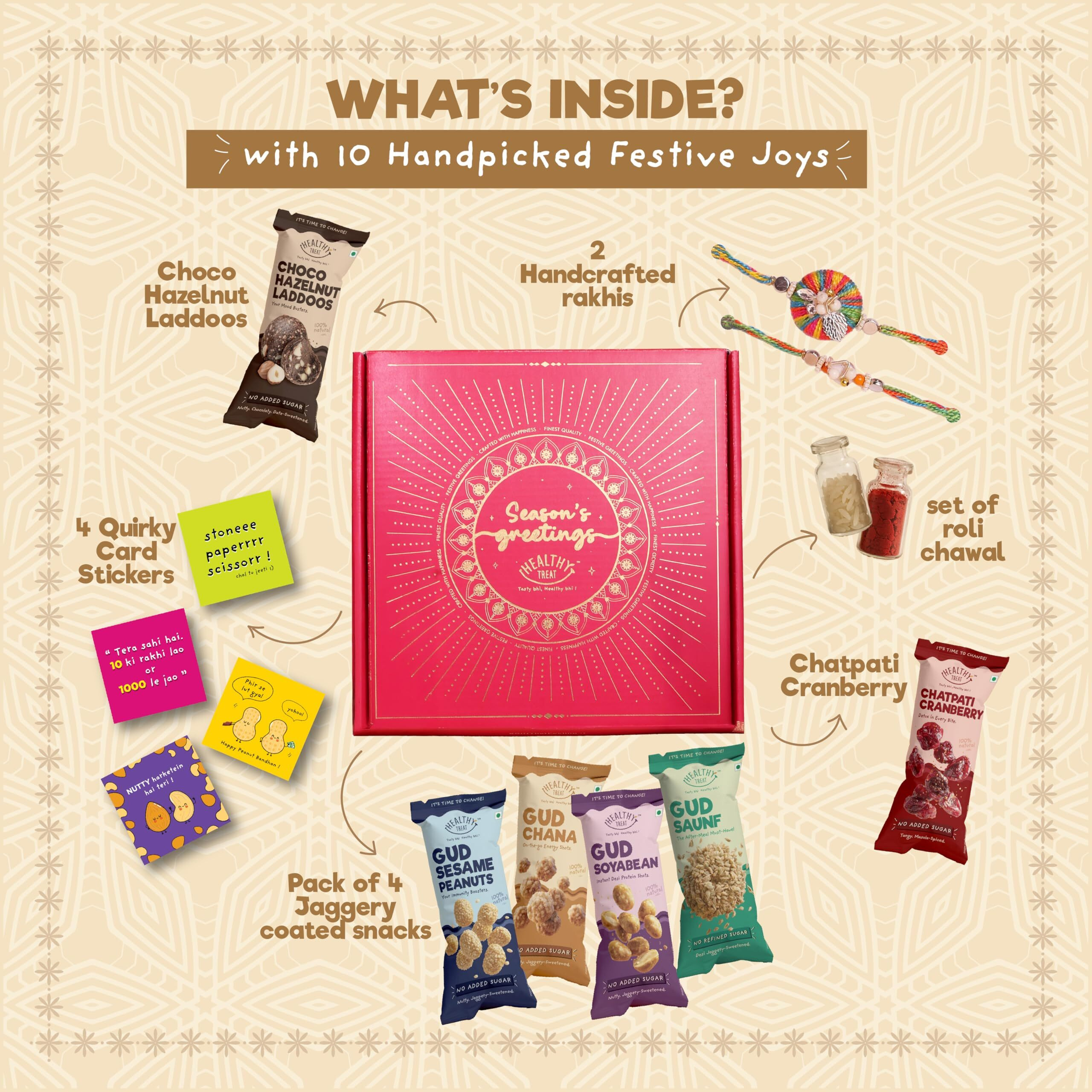 Healthy Treat Anmol Rishta Rakhi Gift Hamper | 9 Item Rakhi Hamper For Brother | Roasted Sweet Snacks, Berries, Hazelnut Dry-Fruit Laddoos, A Pair Of Rakhii, Roli Chawal, Stickers | Rakhi Set For Brother