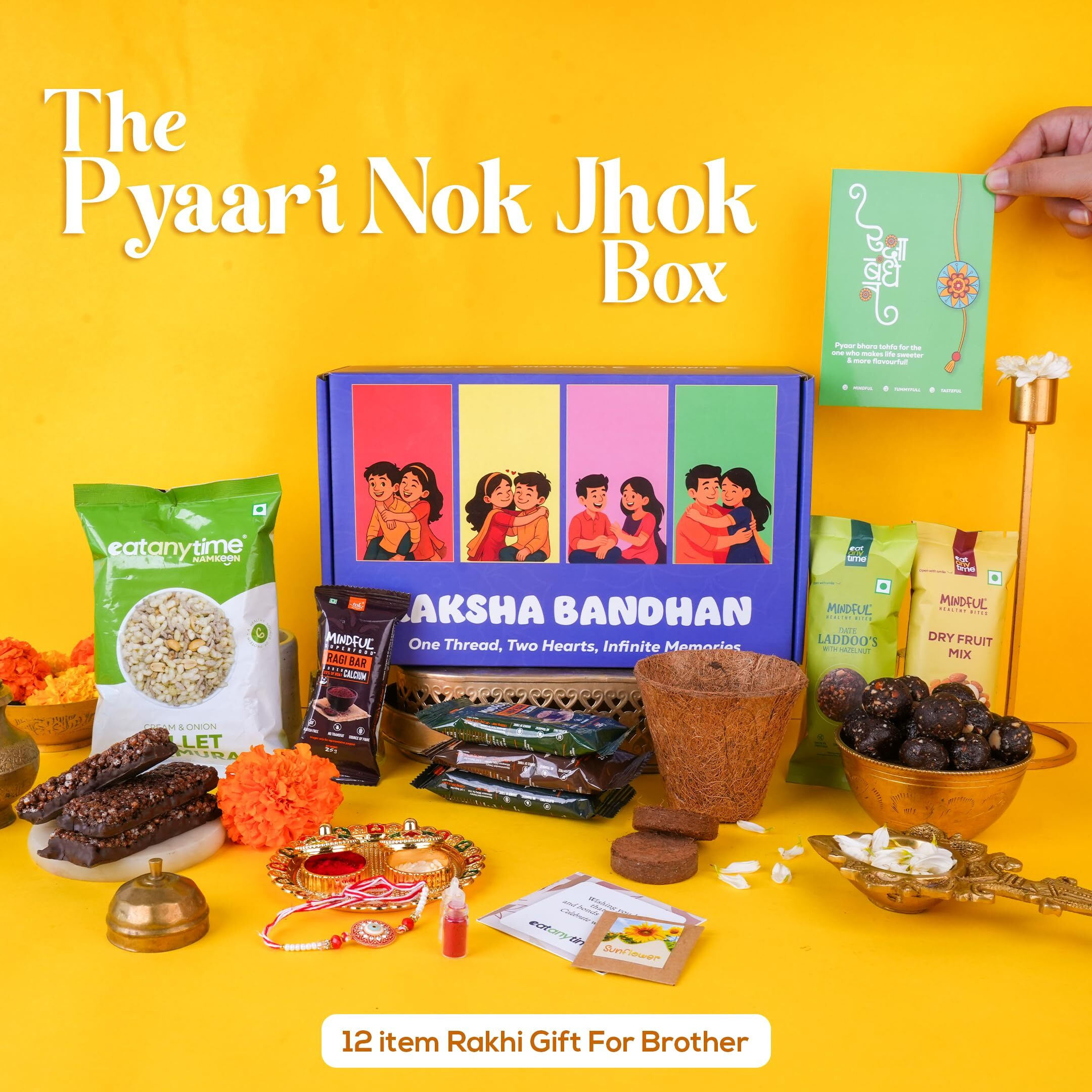 Eat Anytime Pyaari Nok Jhok | Gift Hamper For Brother | 12 Items - Premium Red Rakhi, Hazelnut Dry Fruit Laddoo, Dry Fruit Mix, Millet Bars & More | Rakhi Combo Gift Hamper For Bhaiya