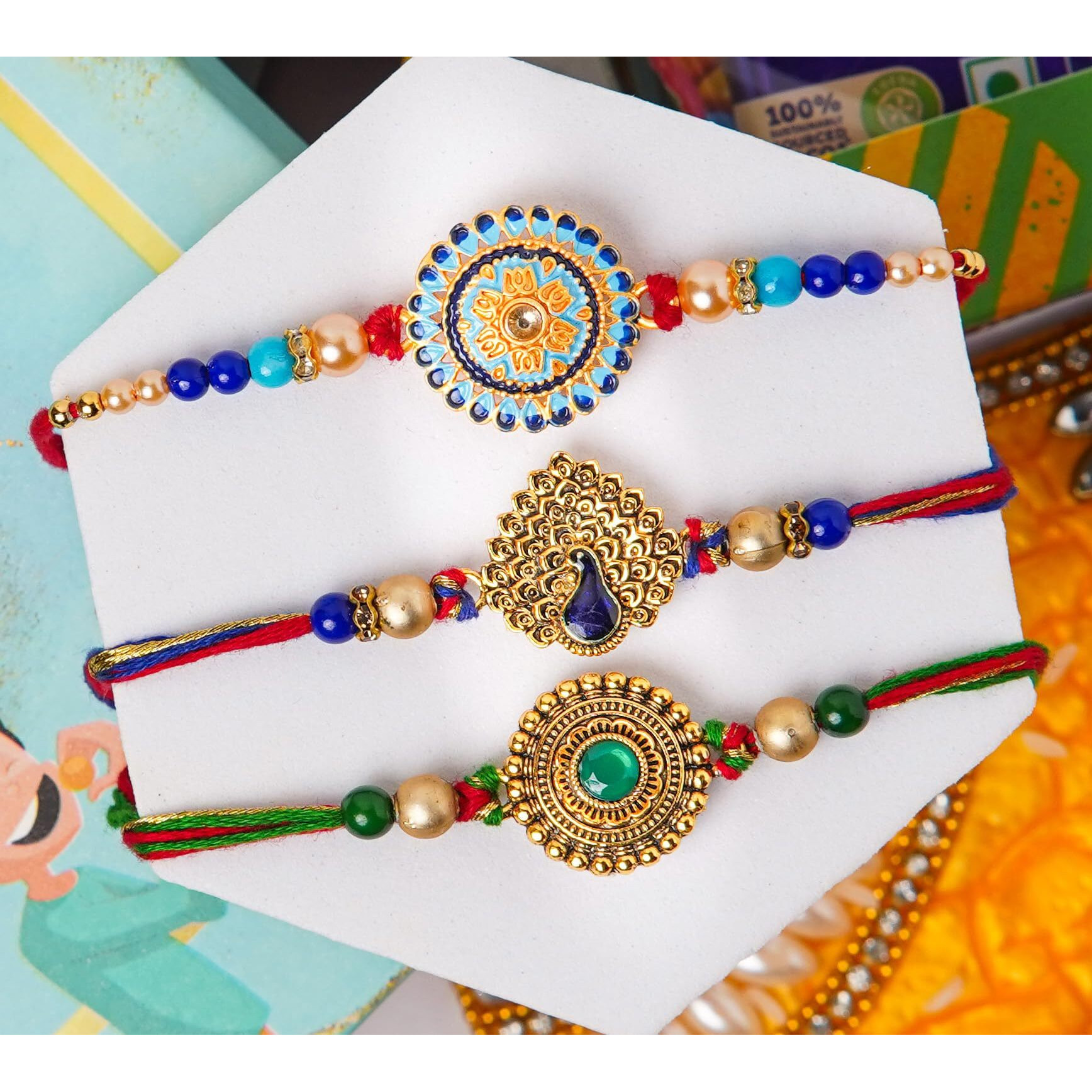 Gifticon Rakhi With Chocolate For Brother - Gift Combo Set 3 Rakhi With Roli Chawal, 1 Celebration, Greeting Card, Rakshabandhan Gift Box - 3 Rakhi Set Gift Hamper Gift Box | Ib2