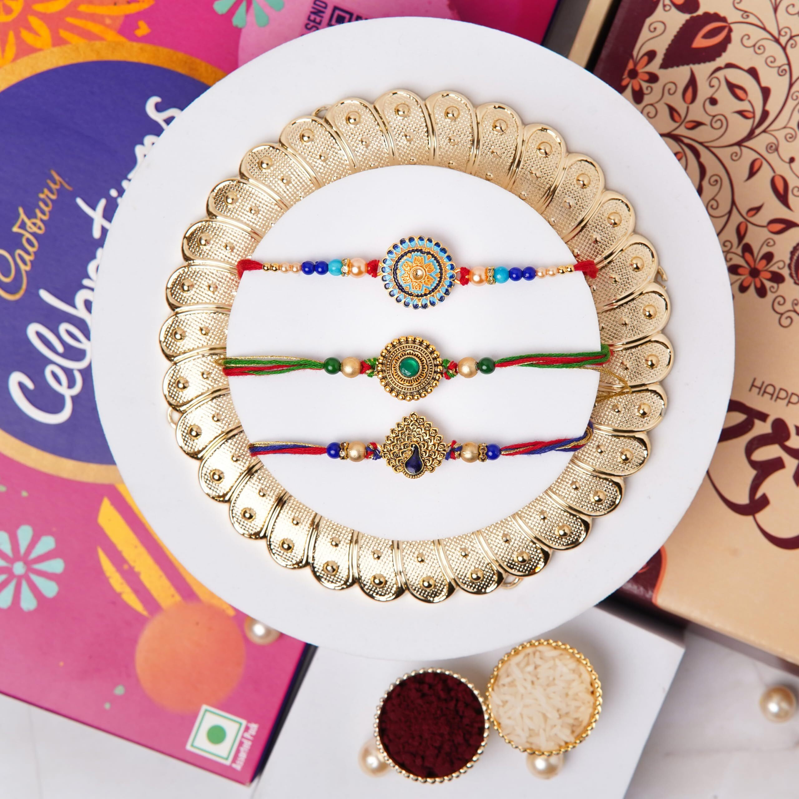 Gifticon Rakhi With Chocolate For Brother - Gift Combo Set 3 Rakhi With Roli Chawal, 1 Celebration, Greeting Card, Rakshabandhan Gift Box - 3 Rakhi Set Gift Hamper Gift Box | Ib2