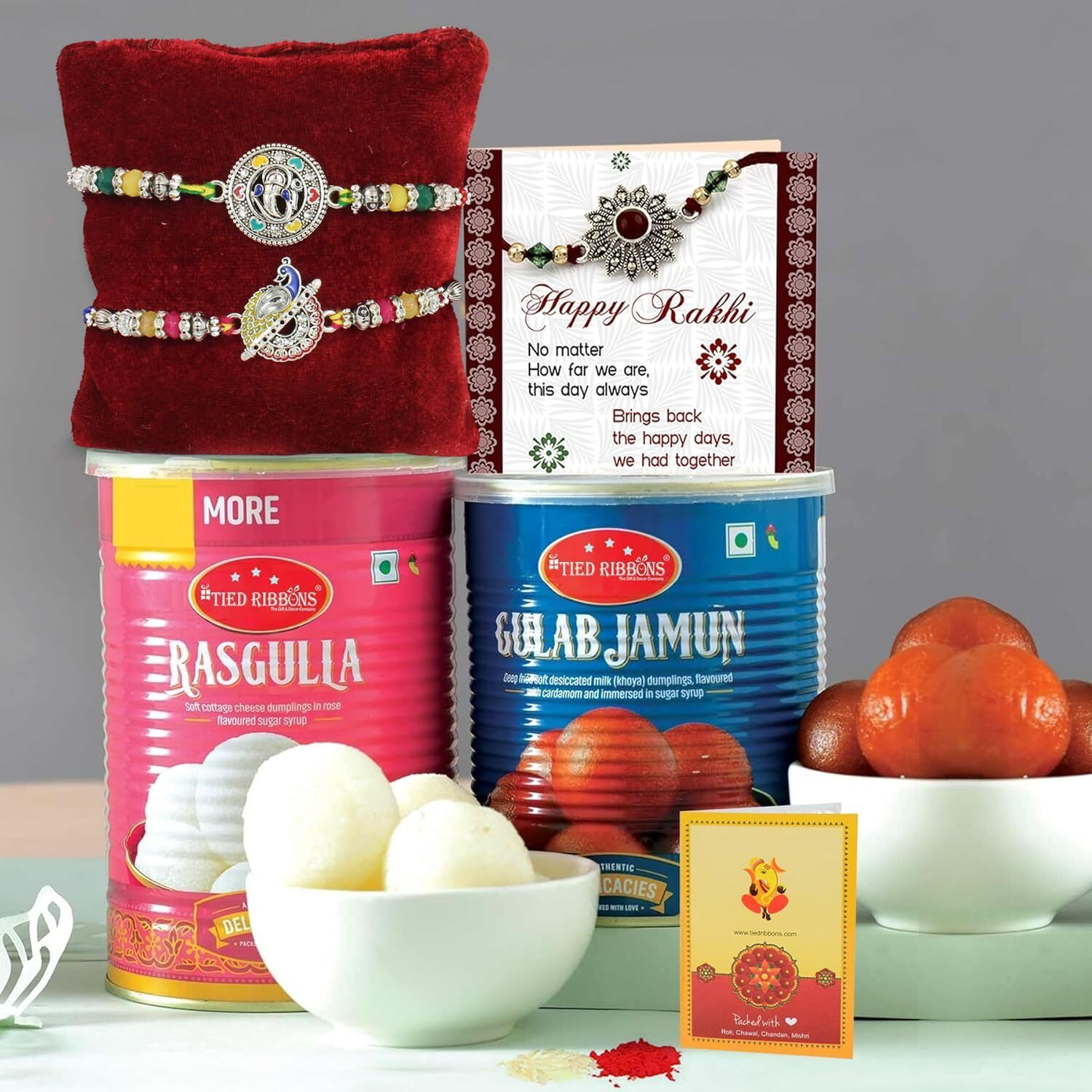 Tied Ribbons Rakhi For Brother With Gift Sweets Combo - Set Of 2 Silver Rakhi With Rasgulla Gulab Jamun And Greeting Card - Rakshabandhan Gifts For Brother Bhaiya Bhabhi Boys Kids Men, 500 Gm Each