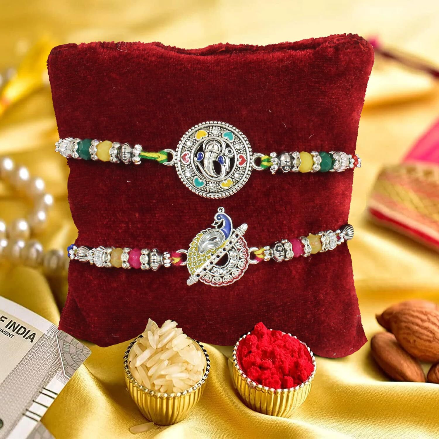 Tied Ribbons Rakhi For Brother With Gift Sweets Combo - Set Of 2 Silver Rakhi With Rasgulla Gulab Jamun And Greeting Card - Rakshabandhan Gifts For Brother Bhaiya Bhabhi Boys Kids Men, 500 Gm Each