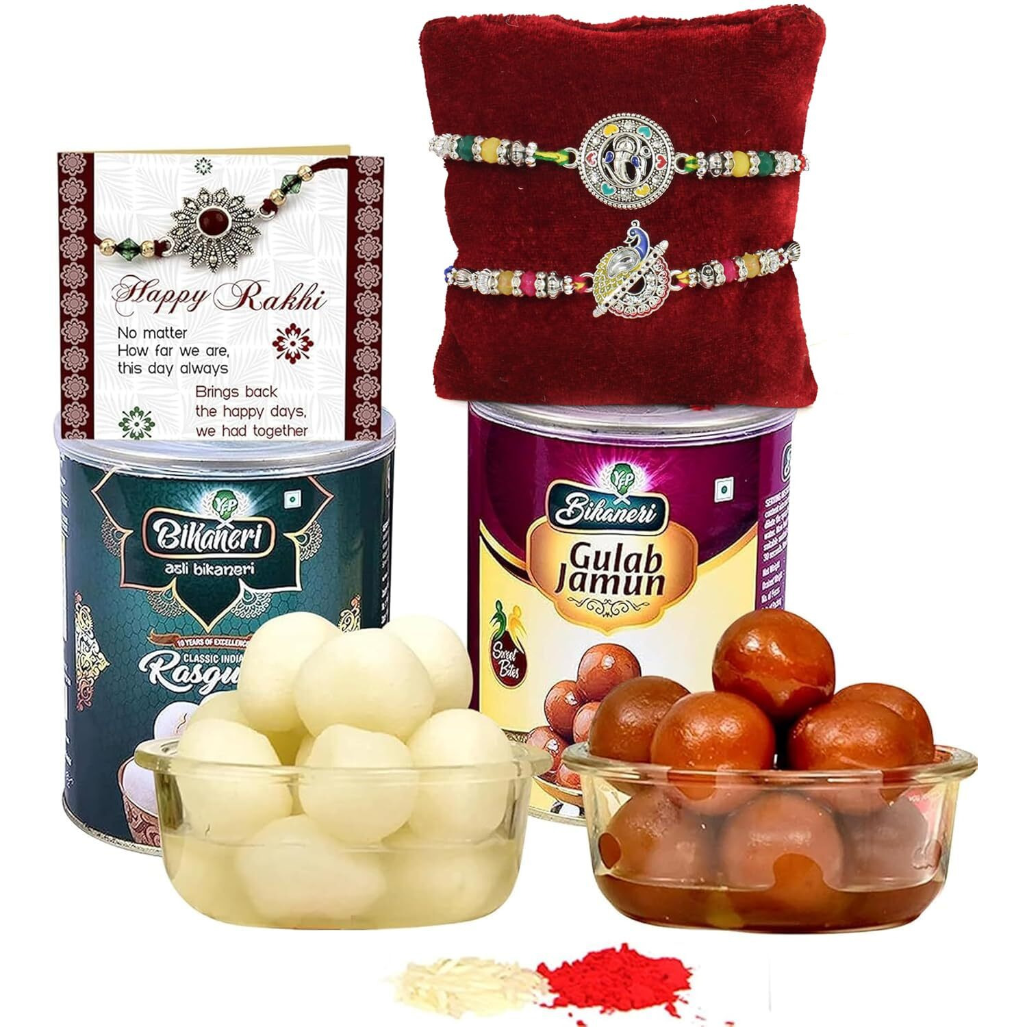 Tied Ribbons Rakhi For Brother With Gift Sweets Combo - Set Of 2 Silver Rakhi With Rasgulla Gulab Jamun And Greeting Card - Rakshabandhan Gifts For Brother Bhaiya Bhabhi Boys Kids Men, 500 Gm Each