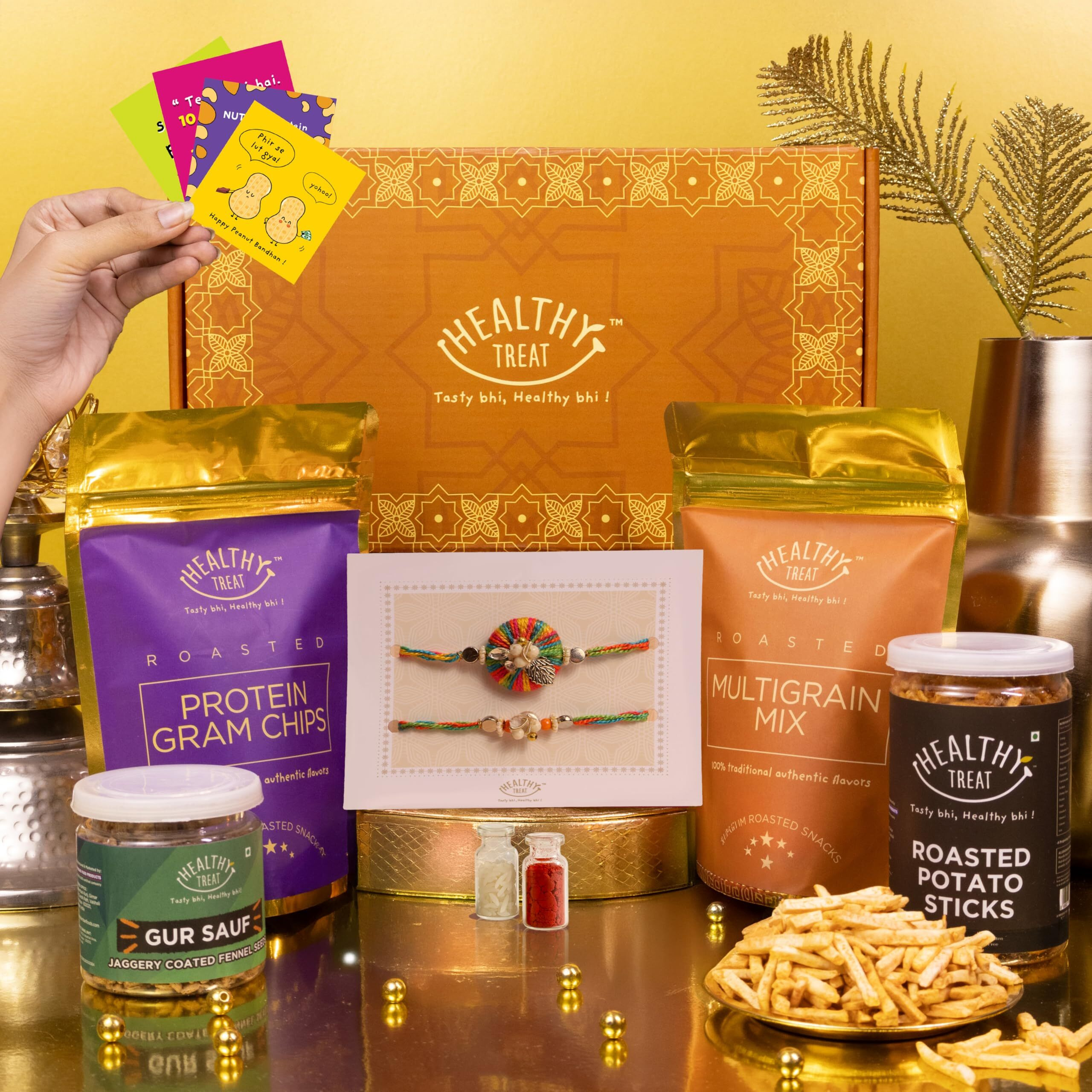 Healthy Treat Eternal Rakhi Gift Hamper | Roasted Snacks, A Pair Of Rakhi', Roli Chawal, Stickers | Rakhi's Gift For Brother And Sister | The Ultimate Assorted Raksha Bandhan Gift Hampers
