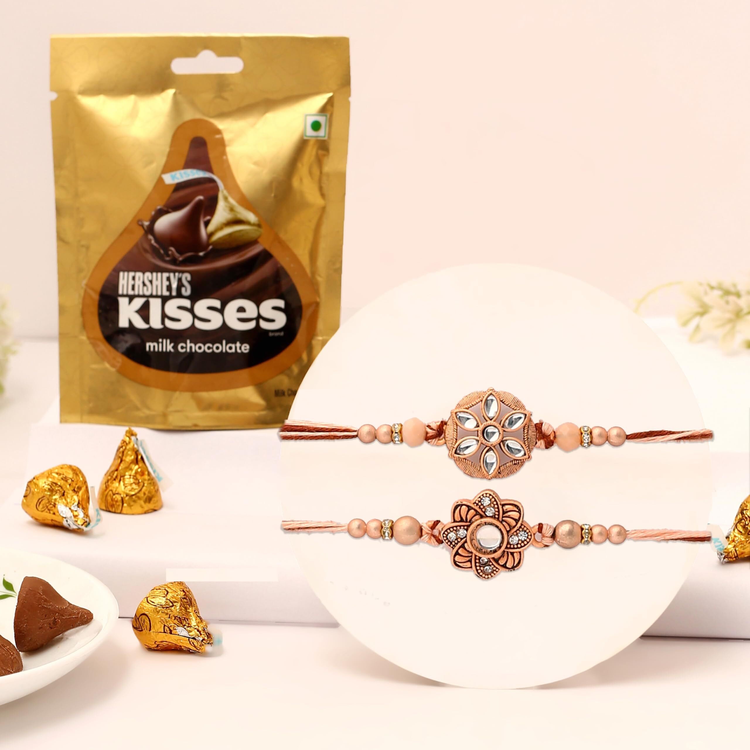 The Purple Tree Raksha Bandhan Gift Combo With Rakhi And Premium Milk Chocolates | 2 Pc Kundan Floral Rakhis For Brother With Chocolate, Roli Chawal And Card | Rakshabandhan Gift Hamper For Bhai