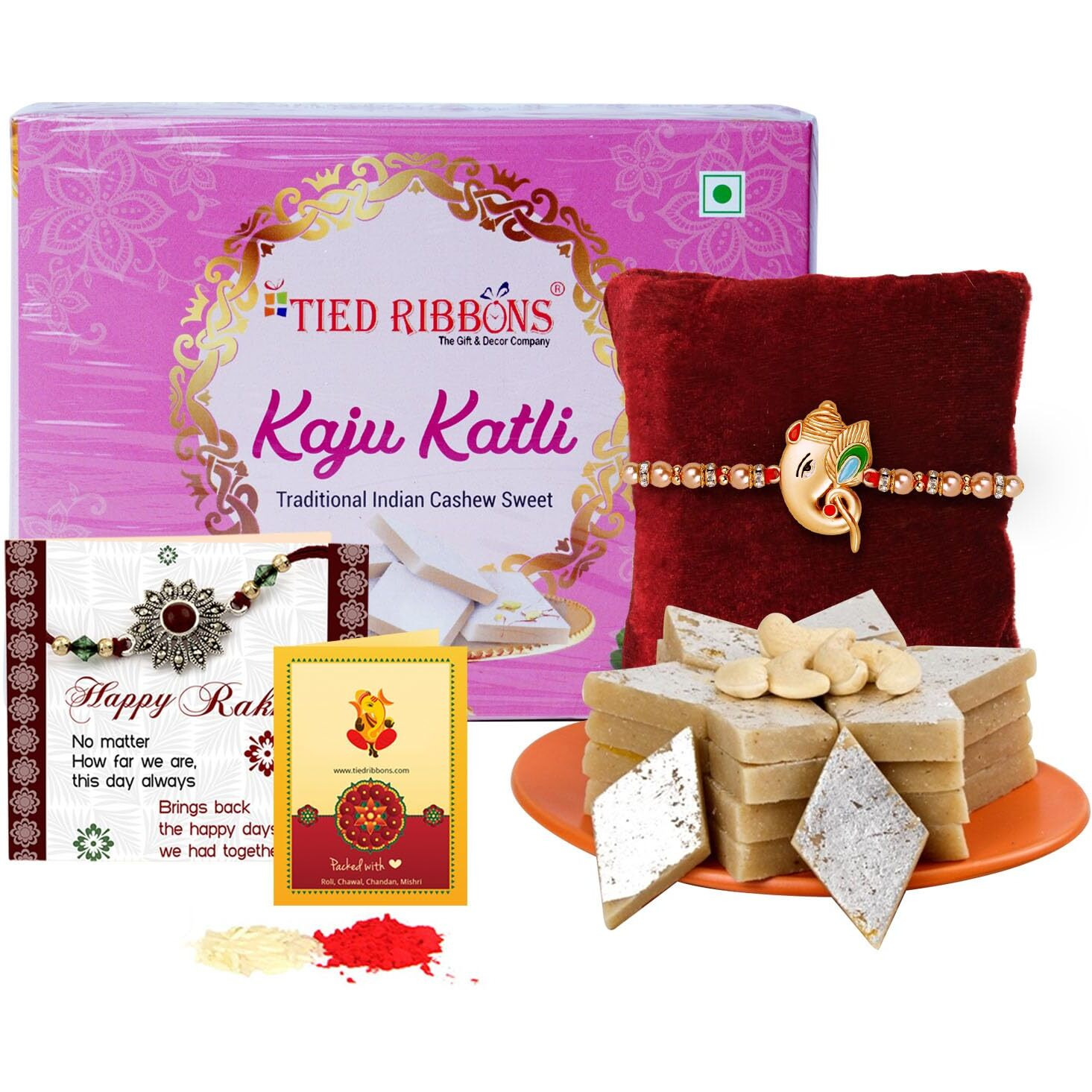 Tied Ribbons Rakhi For Brother With Sweets Gift - Handmade Ganesha Rakhi For Bhaiya Kids Boys Men With Kaju Katli And Rakshabandhan Card Combo
