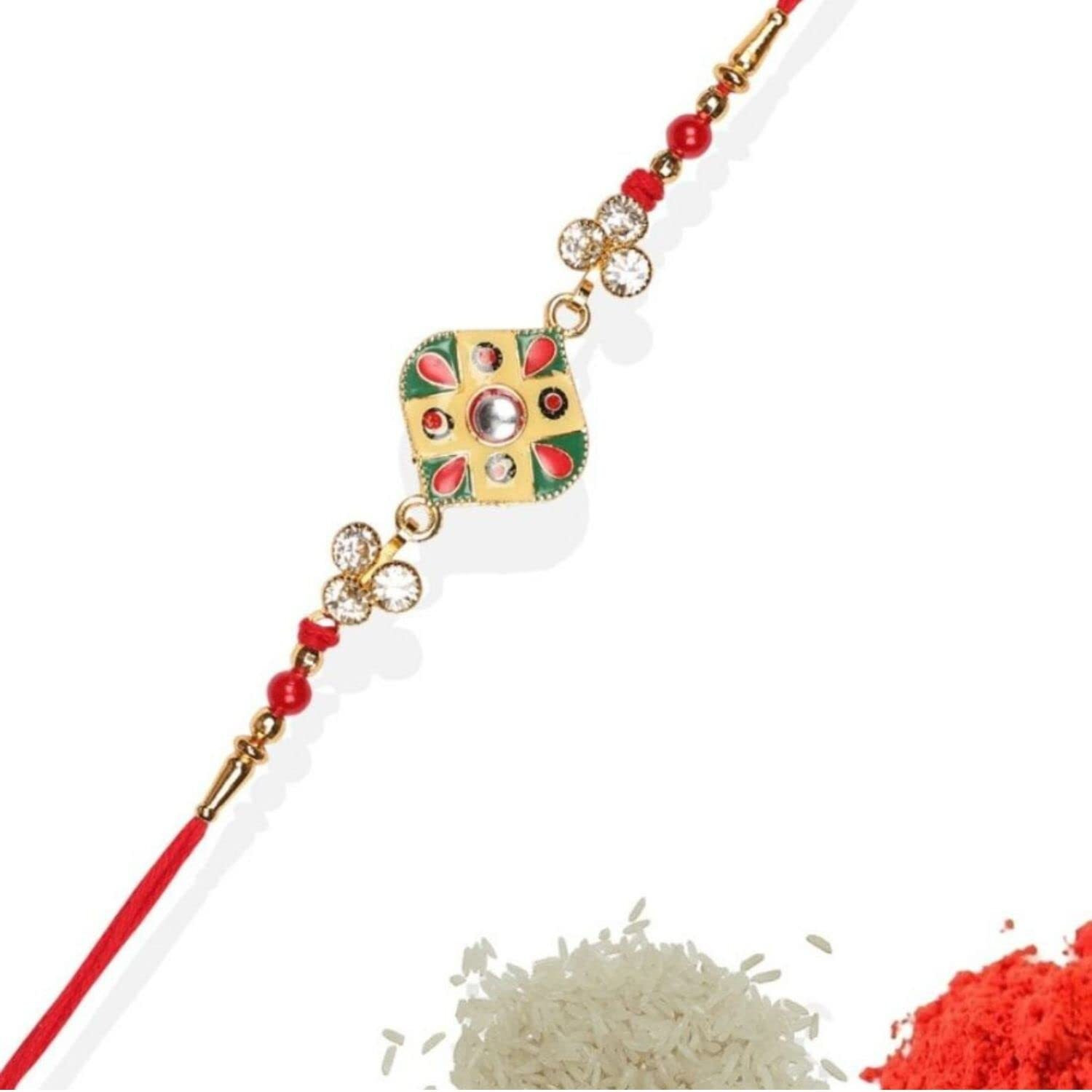Accessher Traditional Enamel Rhinestone Rakhi Set For Brother With Acrylic Peacock Pooja Thali, Roli Kumkum & Happy Rakshabandhan Card