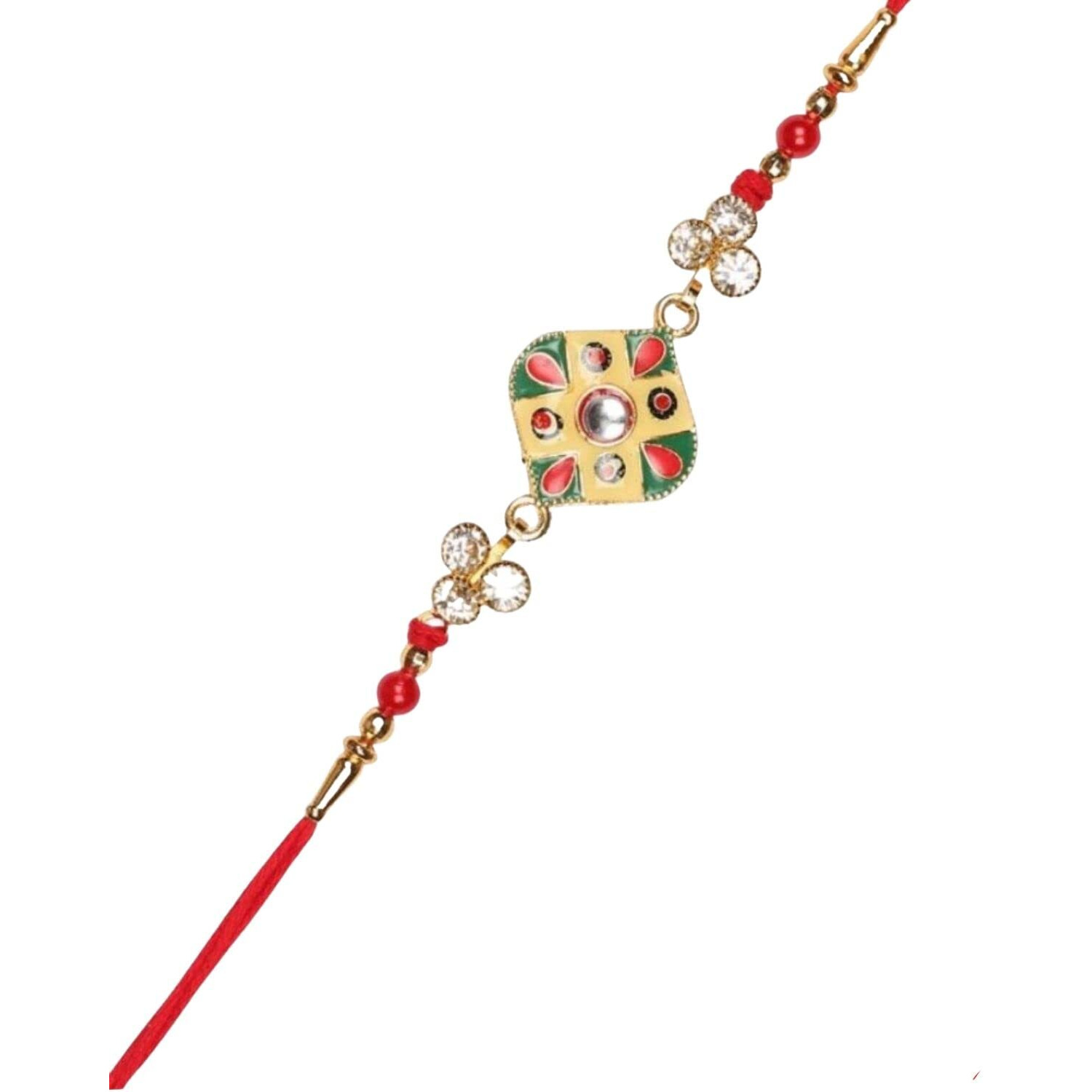 Accessher Traditional Enamel Rhinestone Rakhi Set For Brother With Acrylic Peacock Pooja Thali, Roli Kumkum & Happy Rakshabandhan Card