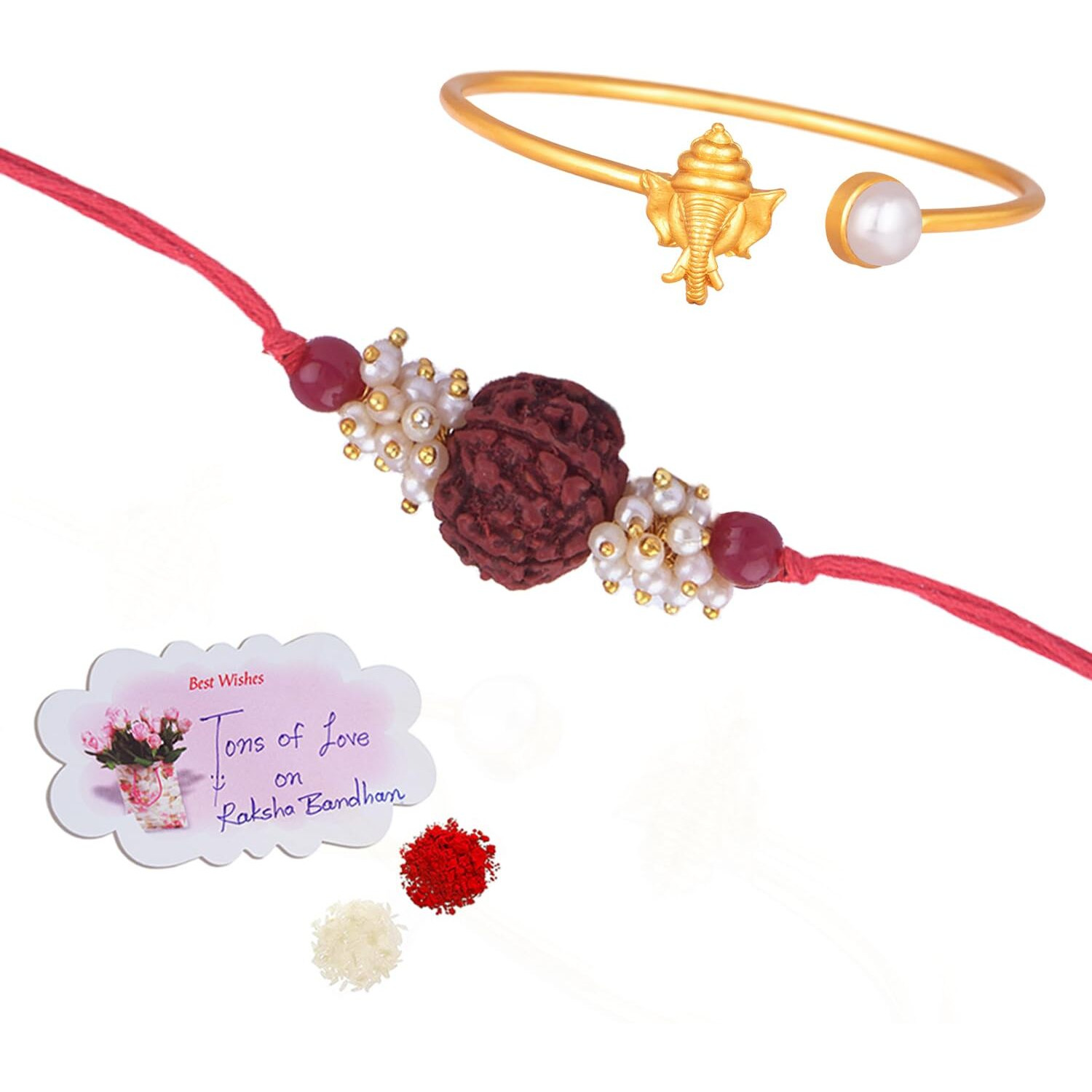Jfl Unisex Adult-Jewelleryforless Handmade Combo Couple Pair Panch Mukhi Rudraksh Pearl Rakhi & Ganesha Bracelet/Bangle Rakhi Set For Bhaiya Bhabhi With Roli Chawal Hand Written Greeting Note