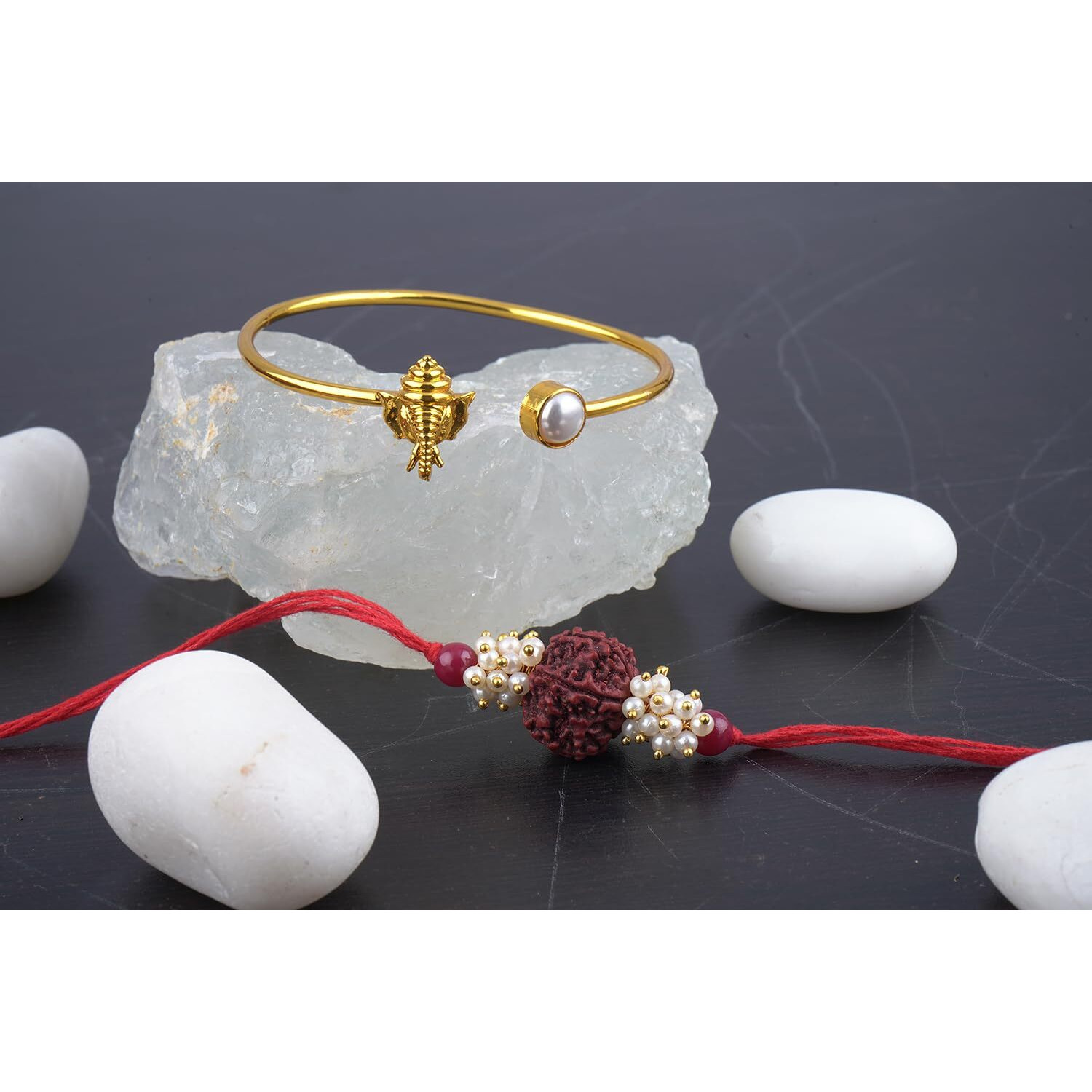 Jfl Unisex Adult-Jewelleryforless Handmade Combo Couple Pair Panch Mukhi Rudraksh Pearl Rakhi & Ganesha Bracelet/Bangle Rakhi Set For Bhaiya Bhabhi With Roli Chawal Hand Written Greeting Note