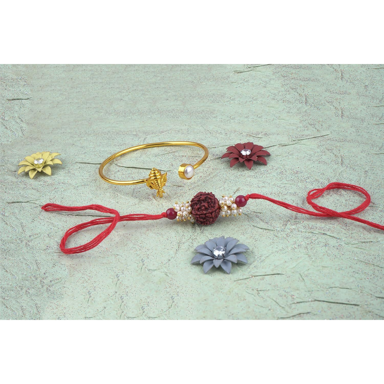 Jfl Unisex Adult-Jewelleryforless Handmade Combo Couple Pair Panch Mukhi Rudraksh Pearl Rakhi & Ganesha Bracelet/Bangle Rakhi Set For Bhaiya Bhabhi With Roli Chawal Hand Written Greeting Note