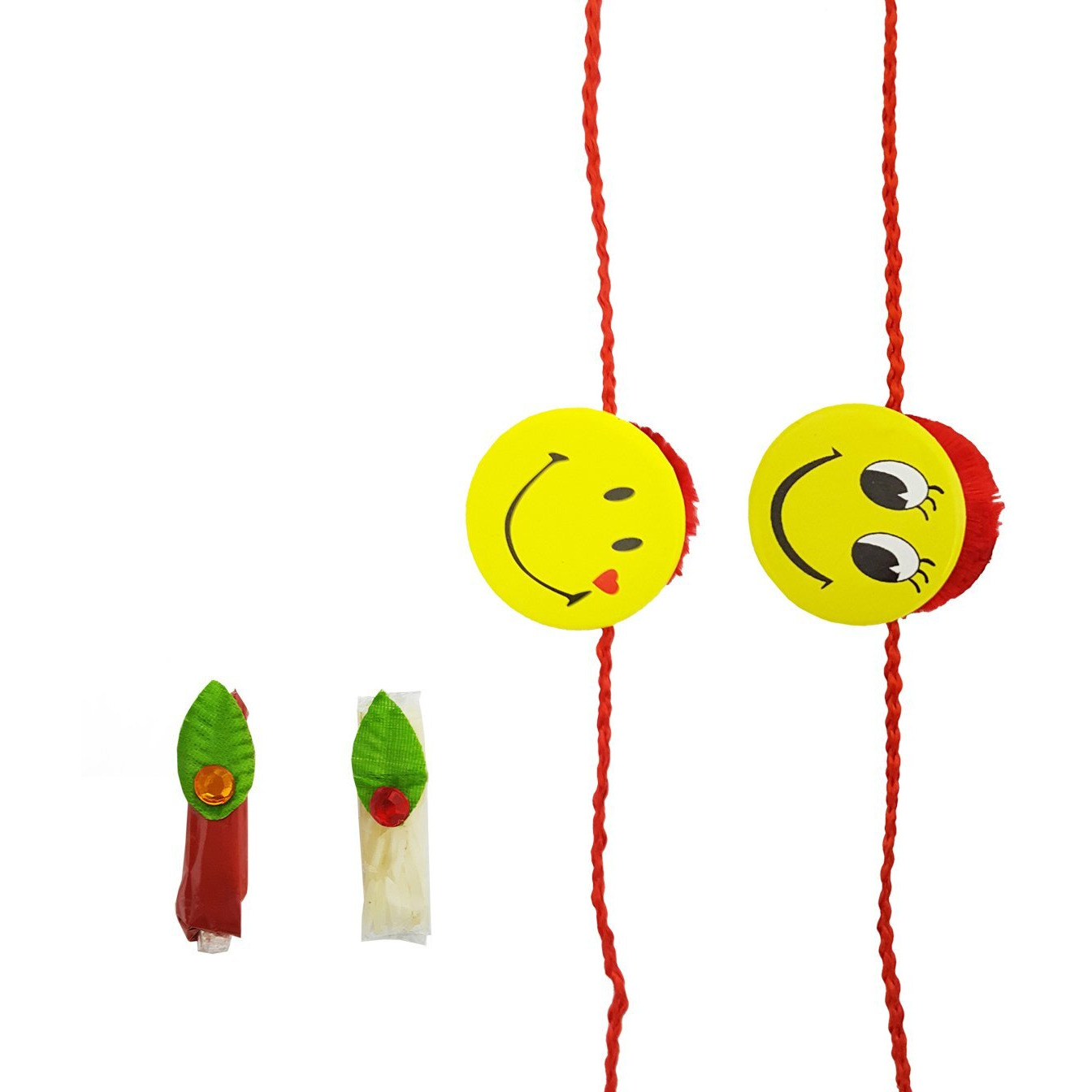 Mehrunnisa Set Of 2 Cute Handmade Smiley Rakhis With Roli Chawal For Kids (Rak1180)