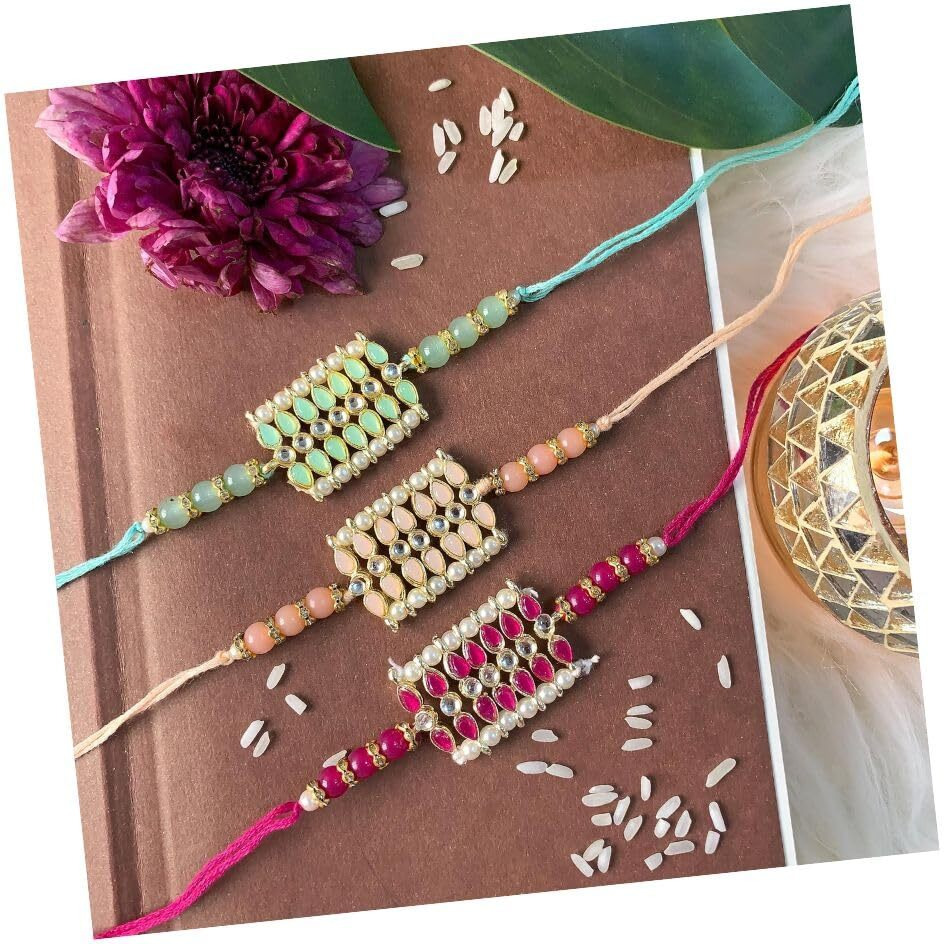I Jewels Mens Ethnic Pearl Beads Studded Rakhi With Roli Chawal & Rakshabandhan Card For Brother/Bro/Bhai (R069-3) Pack Of 3 Rakhi