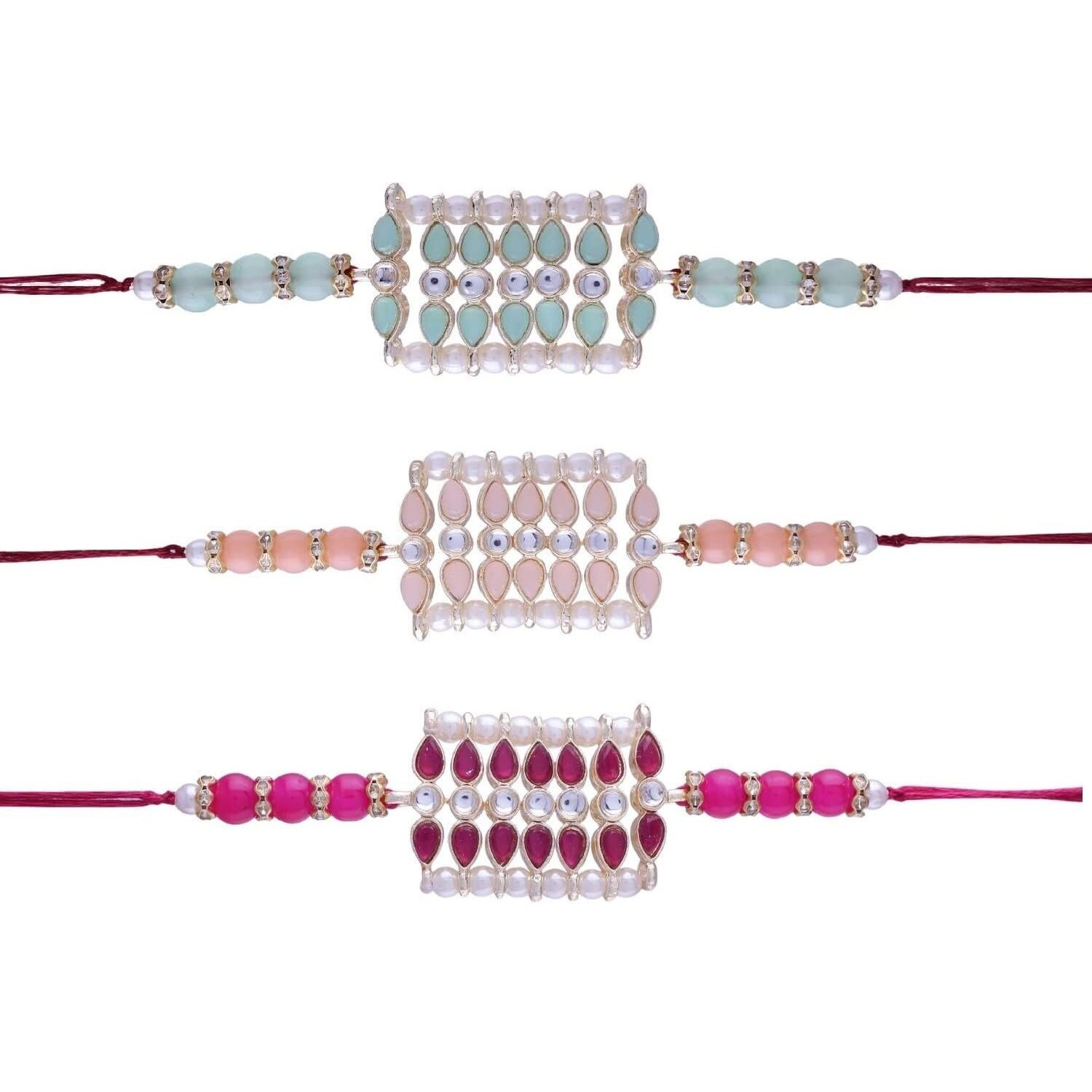 I Jewels Mens Ethnic Pearl Beads Studded Rakhi With Roli Chawal & Rakshabandhan Card For Brother/Bro/Bhai (R069-3) Pack Of 3 Rakhi