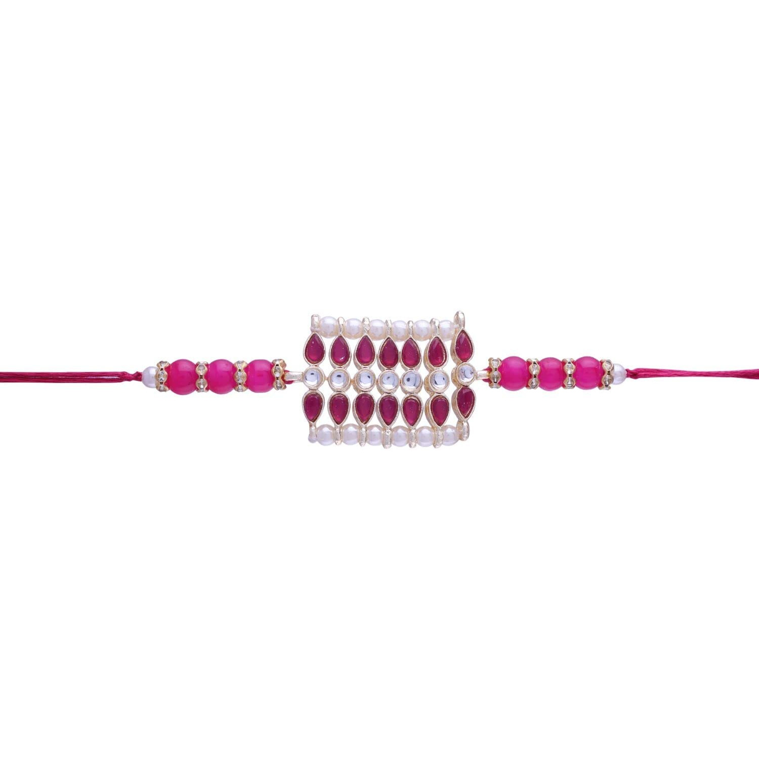 I Jewels Mens Ethnic Pearl Beads Studded Rakhi With Roli Chawal & Rakshabandhan Card For Brother/Bro/Bhai (R069-3) Pack Of 3 Rakhi