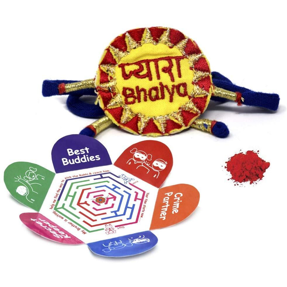 Indibni Kids Bhaiya Bhabhi Rakhi Set Of 3 With Chawal Greeting Card Pyaara Bhaiya Rakhi, Pyaari Bhabhi Lumba, Krishna Kid Rakhi