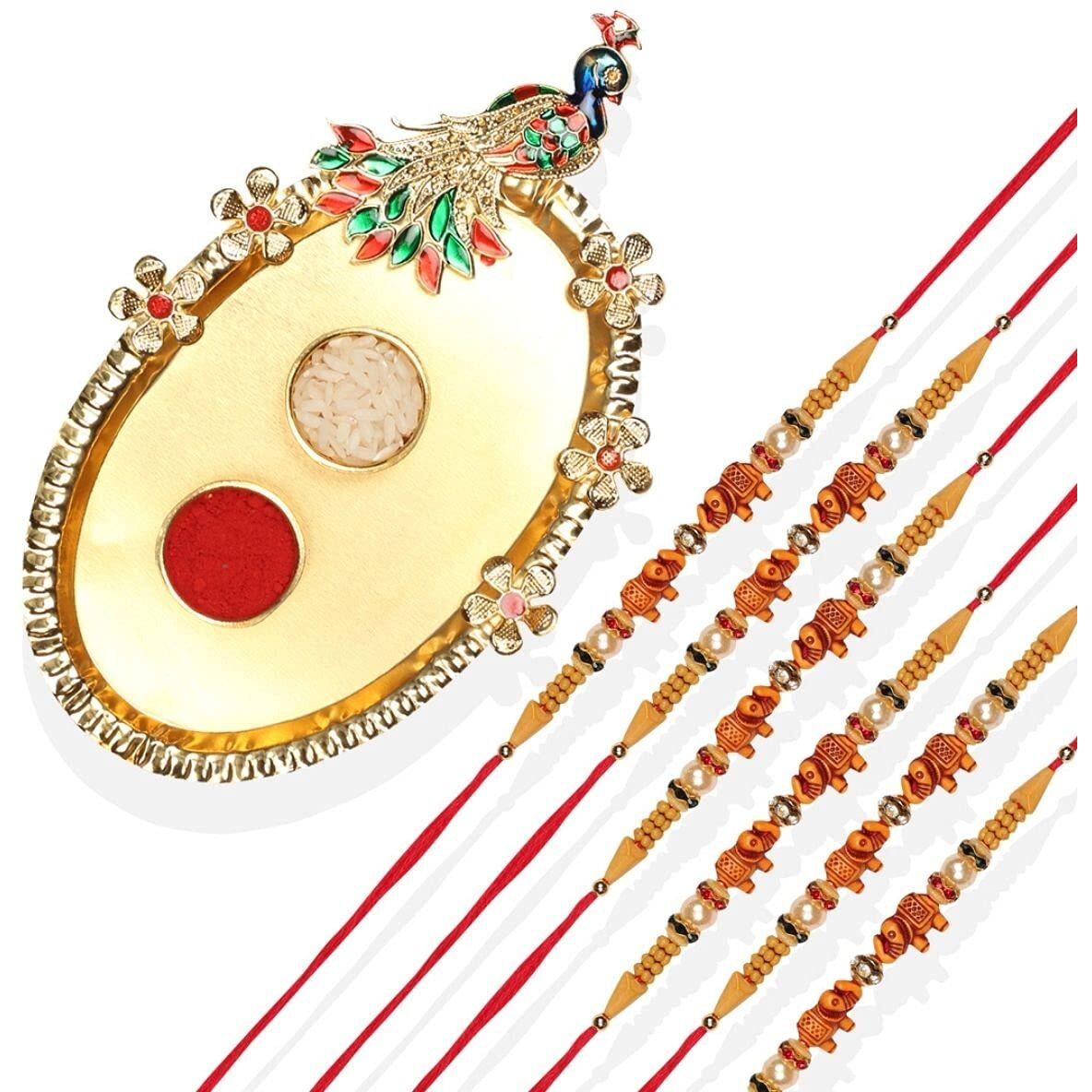 Accessher Elephant Design Rakhi Set For Brother Pack Of 6 Kids Rakhi With Peacock Pooja Thali, Roli Kumkum And Happy Raksha Bandhan Card