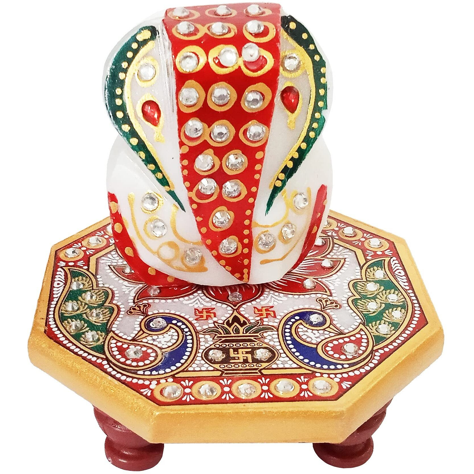Purpledip Rakshabandhan Set Bhai Rakhi Bracelet, Bhabhi Lumba Latkan, Roli Chawal Tika, Designer Marble Chowki Ganesha (Rakhi1Ec)