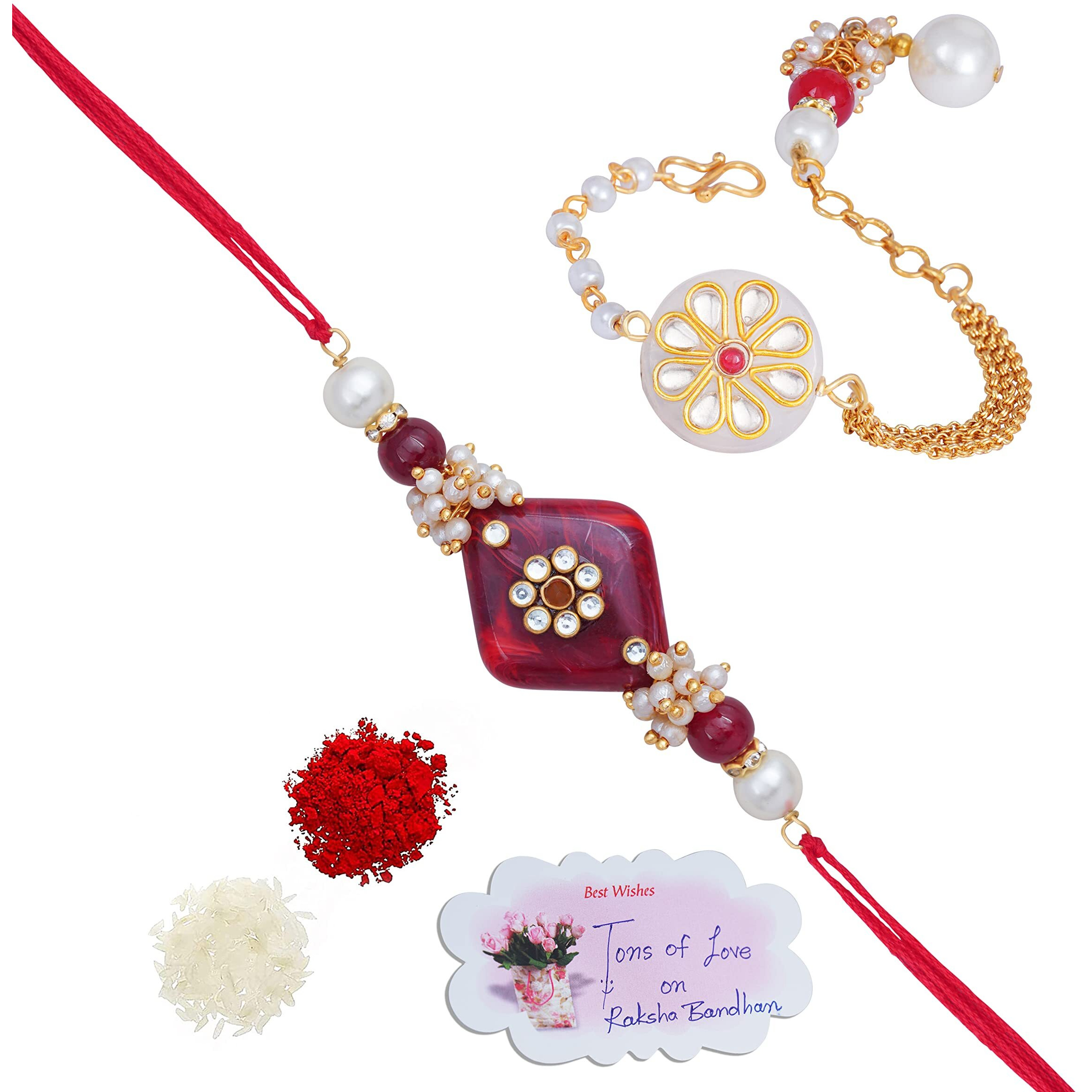 Jfl Unisex Adult - Jewellery For Less Handmade Kundan Red Stone Rakhi For Brother, Combo Kundan White Stone Couple Pair Rakhi Set Bhaiya Bhabhi Raksha Bandhan With Hand Written Greeting Note.