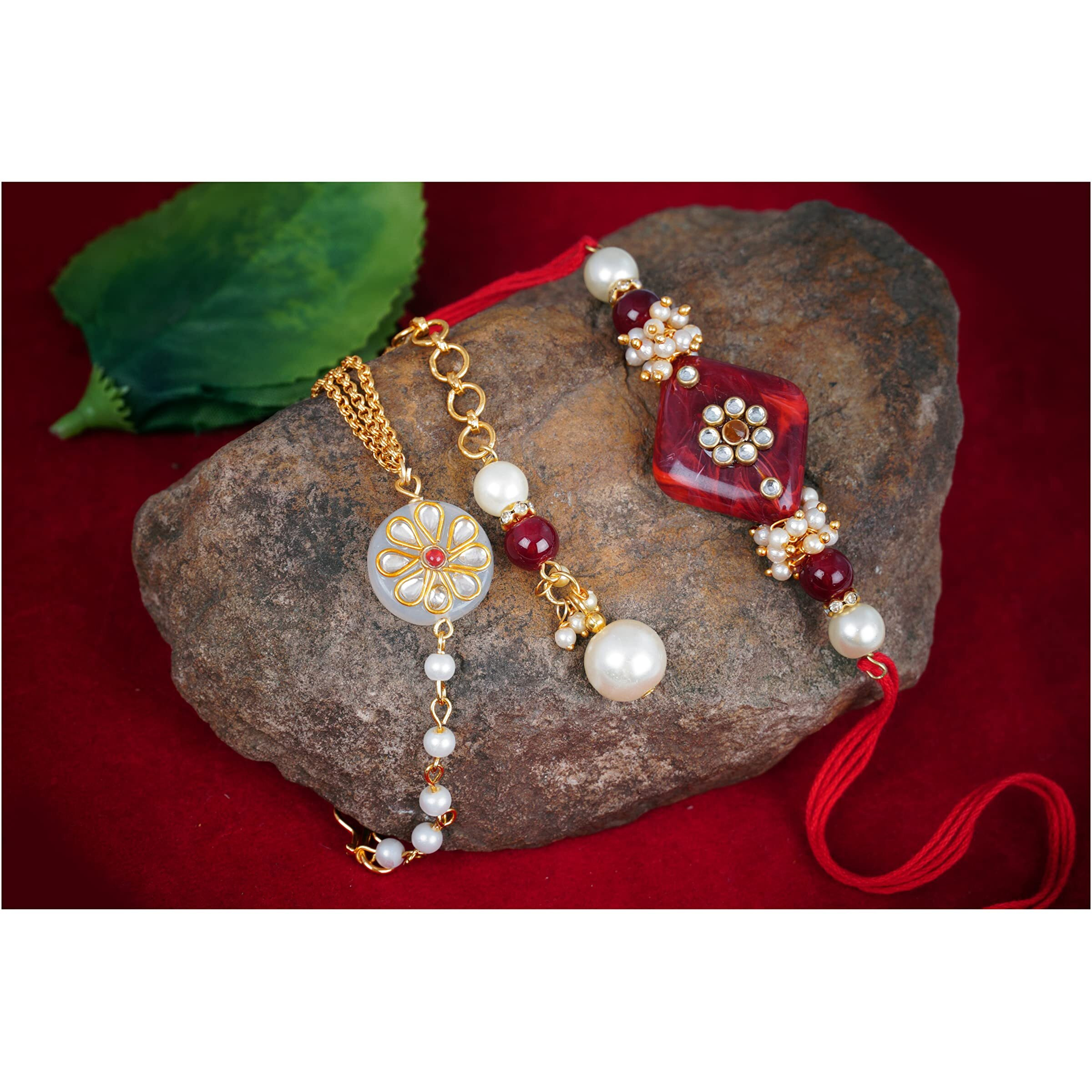 Jfl Unisex Adult - Jewellery For Less Handmade Kundan Red Stone Rakhi For Brother, Combo Kundan White Stone Couple Pair Rakhi Set Bhaiya Bhabhi Raksha Bandhan With Hand Written Greeting Note.