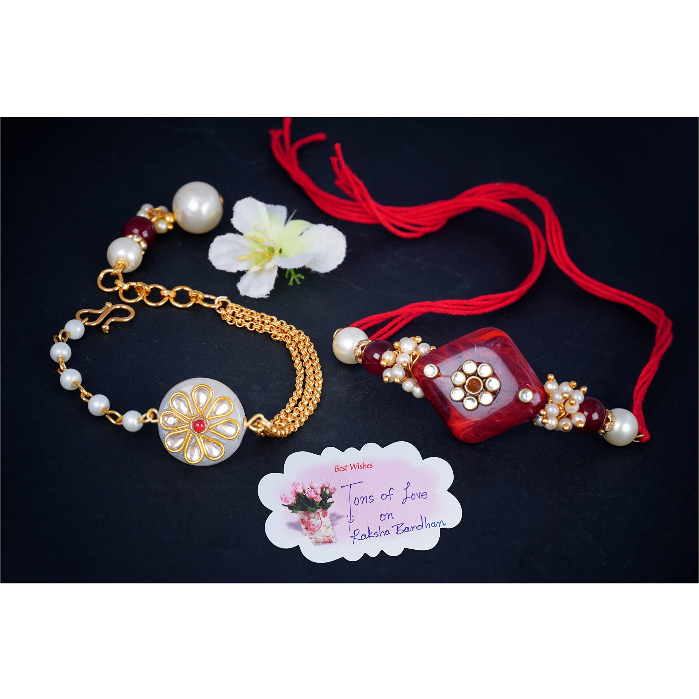 Jfl Unisex Adult - Jewellery For Less Handmade Kundan Red Stone Rakhi For Brother, Combo Kundan White Stone Couple Pair Rakhi Set Bhaiya Bhabhi Raksha Bandhan With Hand Written Greeting Note.