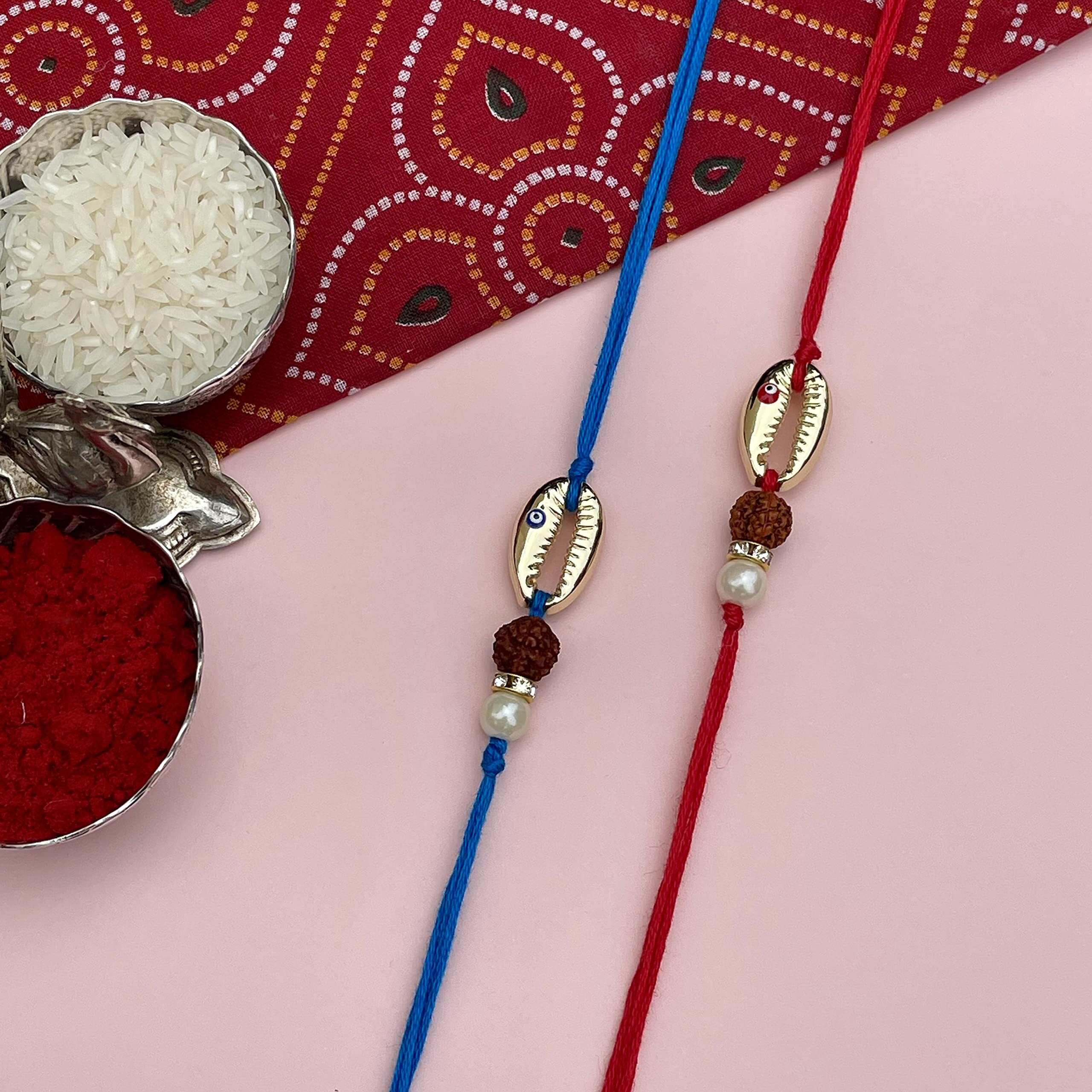 Fure Combo Of Blue & Red Cowrie Shell Rakhis For Brother (Roli-Chawal Included)