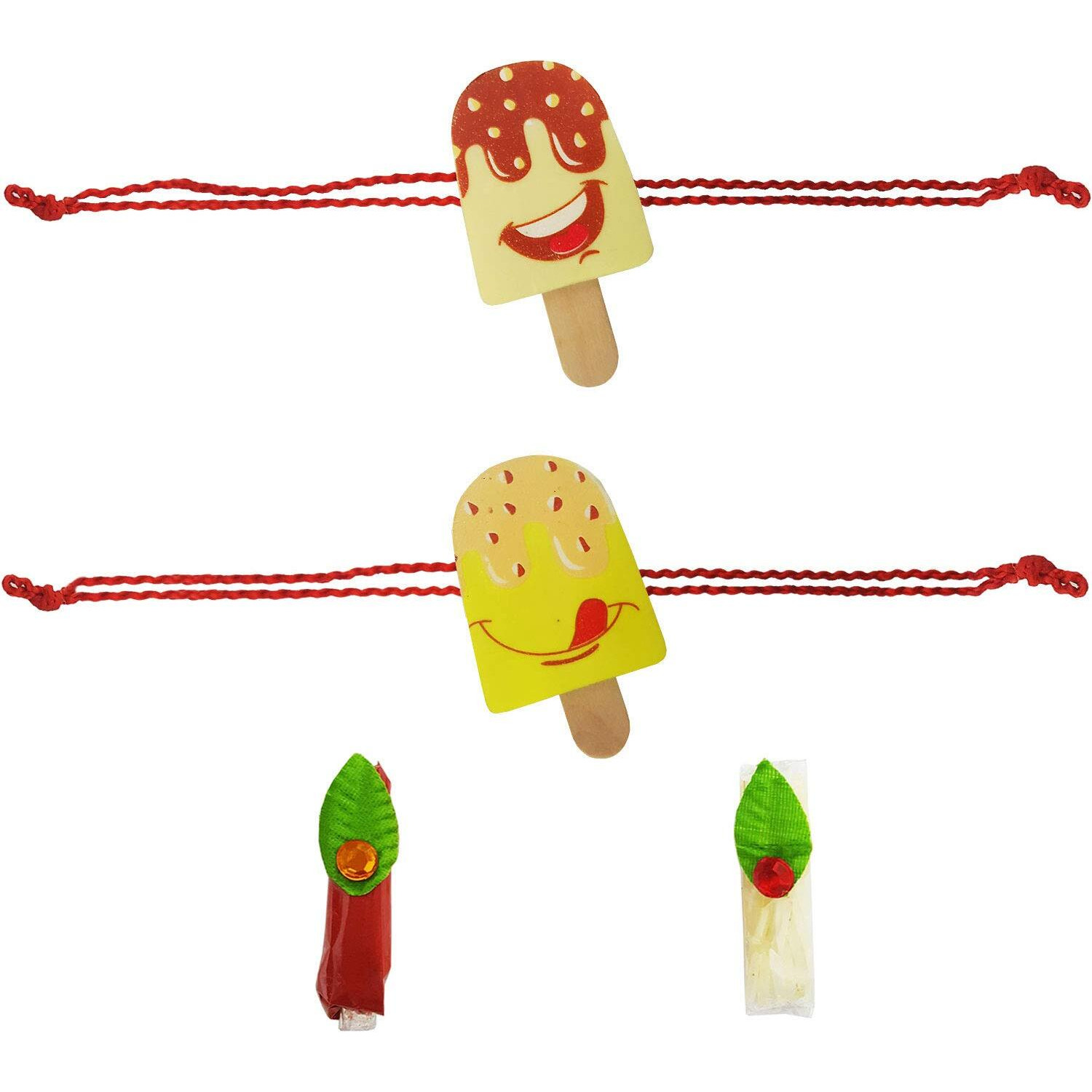 Mehrunnisa Set Of 2 Handmade Stick Ice Cream Eraser Rakhis With Roli & Chawal For Kids (Rak2737)
