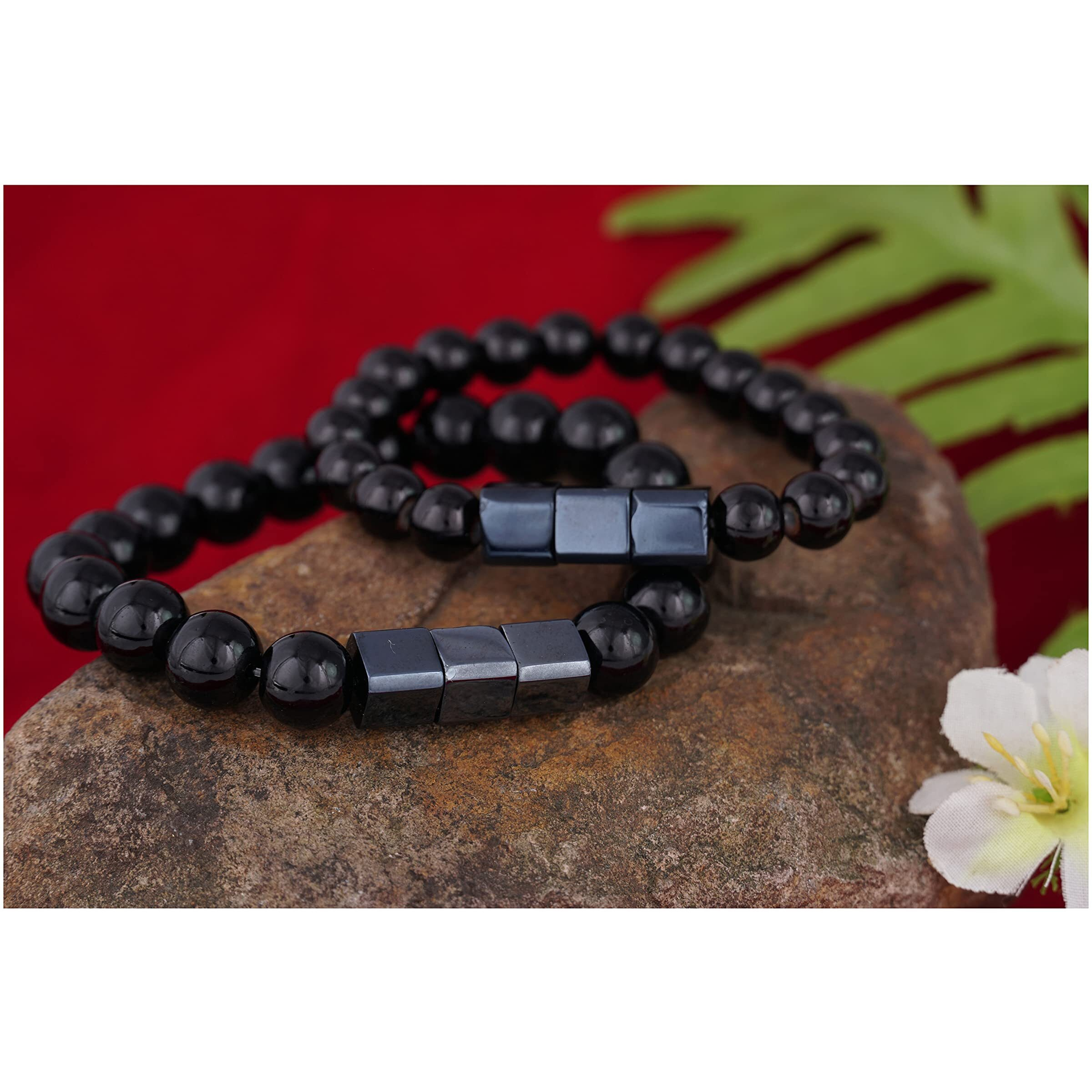 Jfl Unisex Adult - Jewellery For Less Combo Of Black Beaded With Gun Metal Bead Handmade Stretchable Bracelet Rakhi For Couple,Valentine