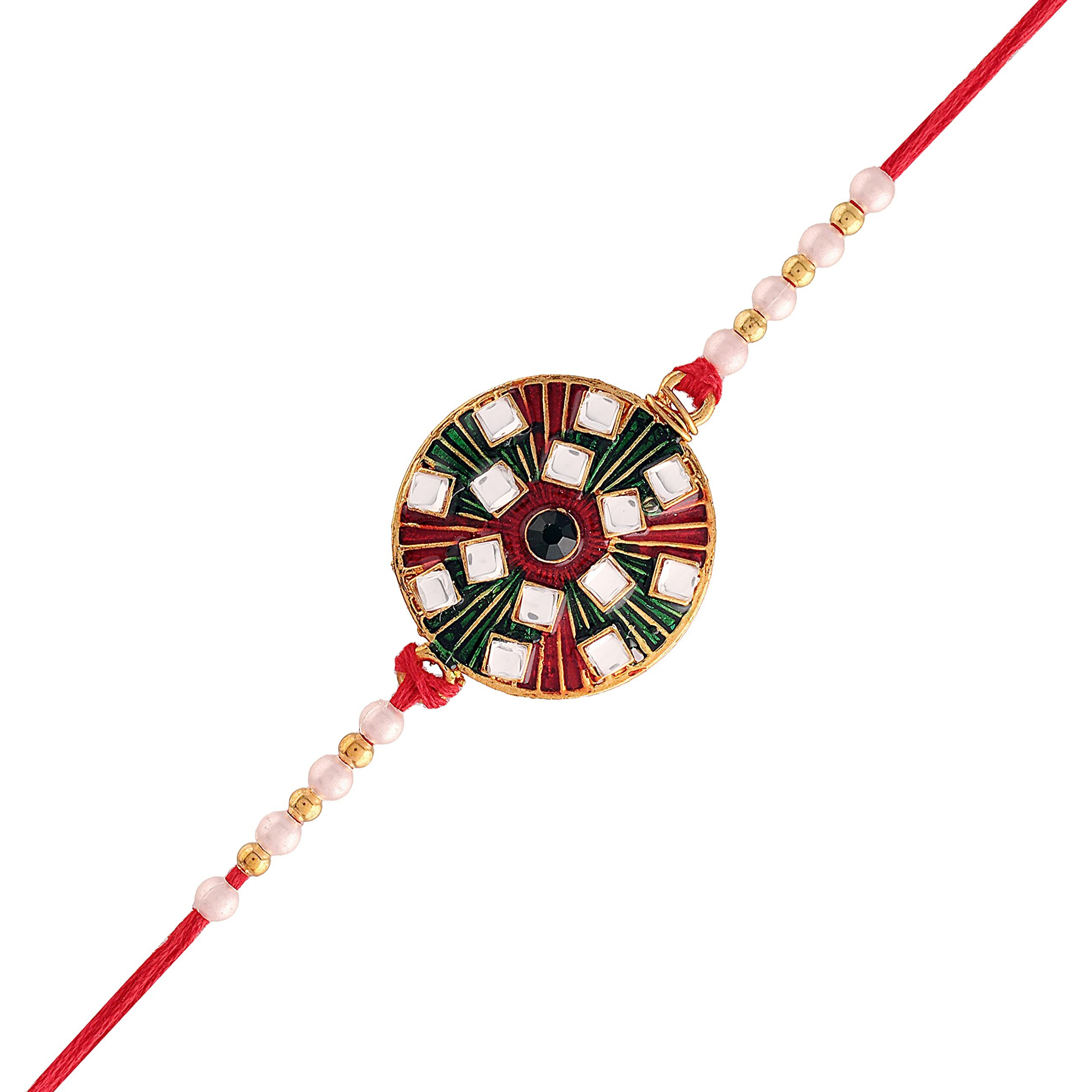 I Jewels Mens Gold Plated Ethnic Kundan Meena Work Rakhi With Roli Chawal & Rakshabandhan Card For Bro/Brother/Bhai (R003)
