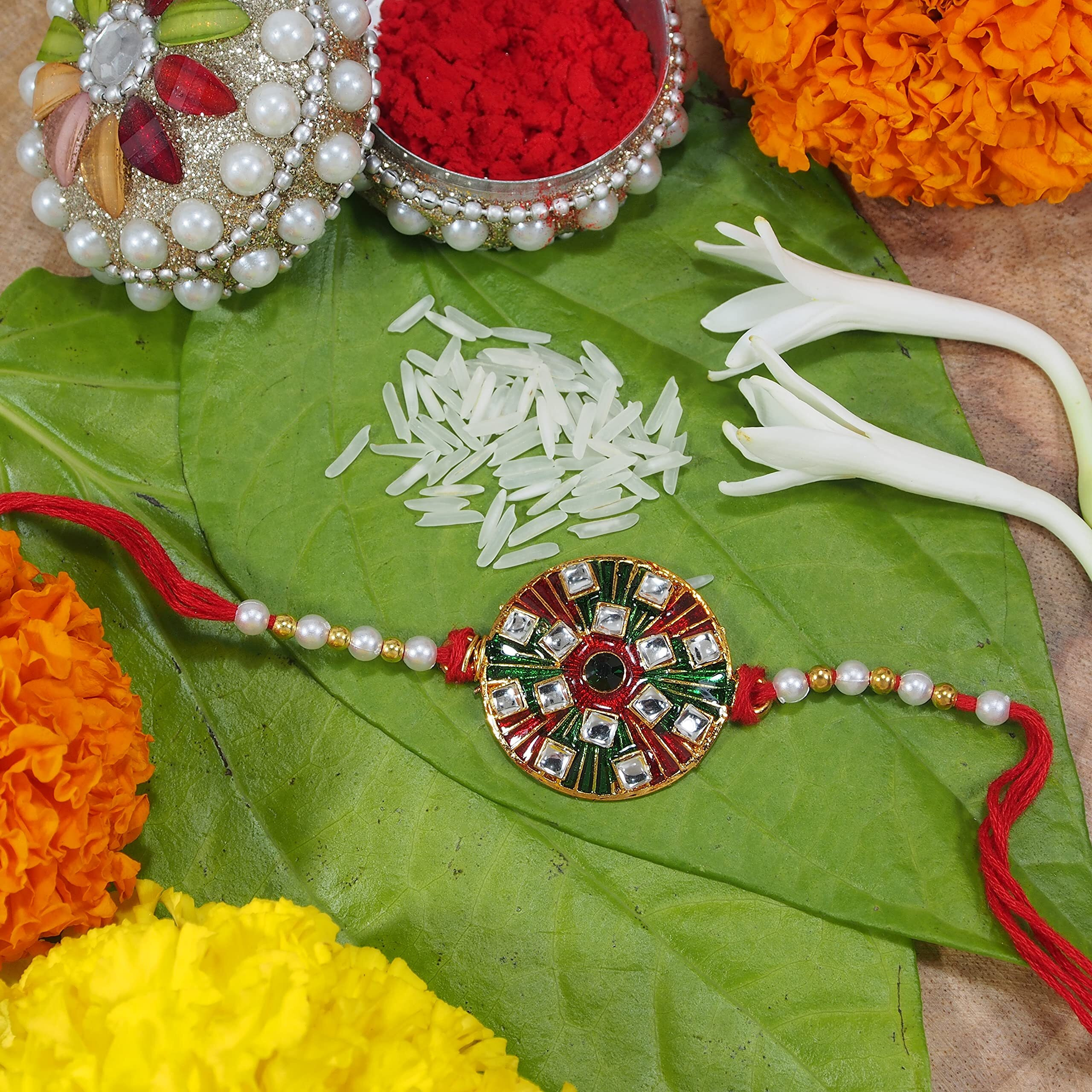 I Jewels Mens Gold Plated Ethnic Kundan Meena Work Rakhi With Roli Chawal & Rakshabandhan Card For Bro/Brother/Bhai (R003)