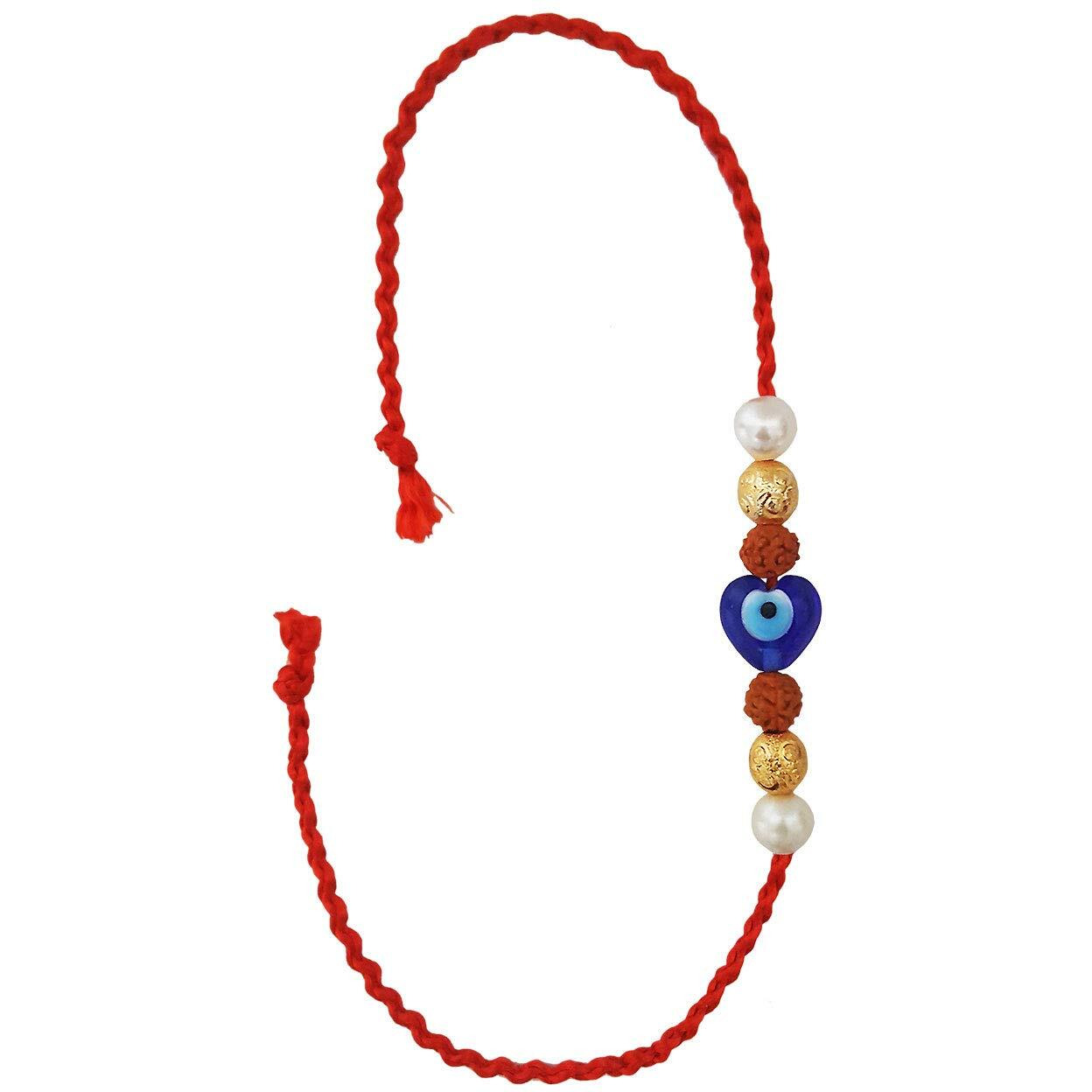 Mehrunnisa Handmade Rudraksh & Heart Evil Eye Rakhi With Roli Chawal (Rak2739)