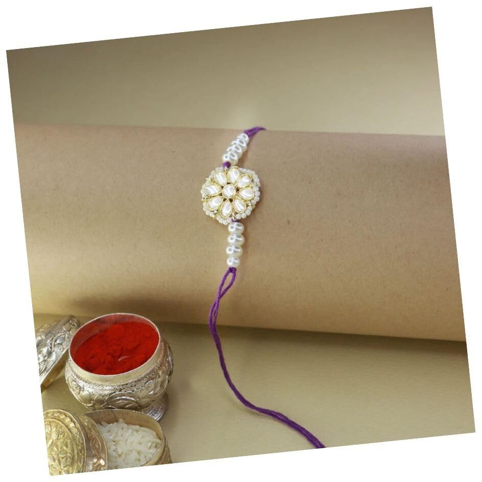 I Jewels Mens Rakshabandhan Special Kundan & Pearl Rakhi With Roli Chawal & Rakshabandhan Card For Brother/Bro/Bhai (R083W)