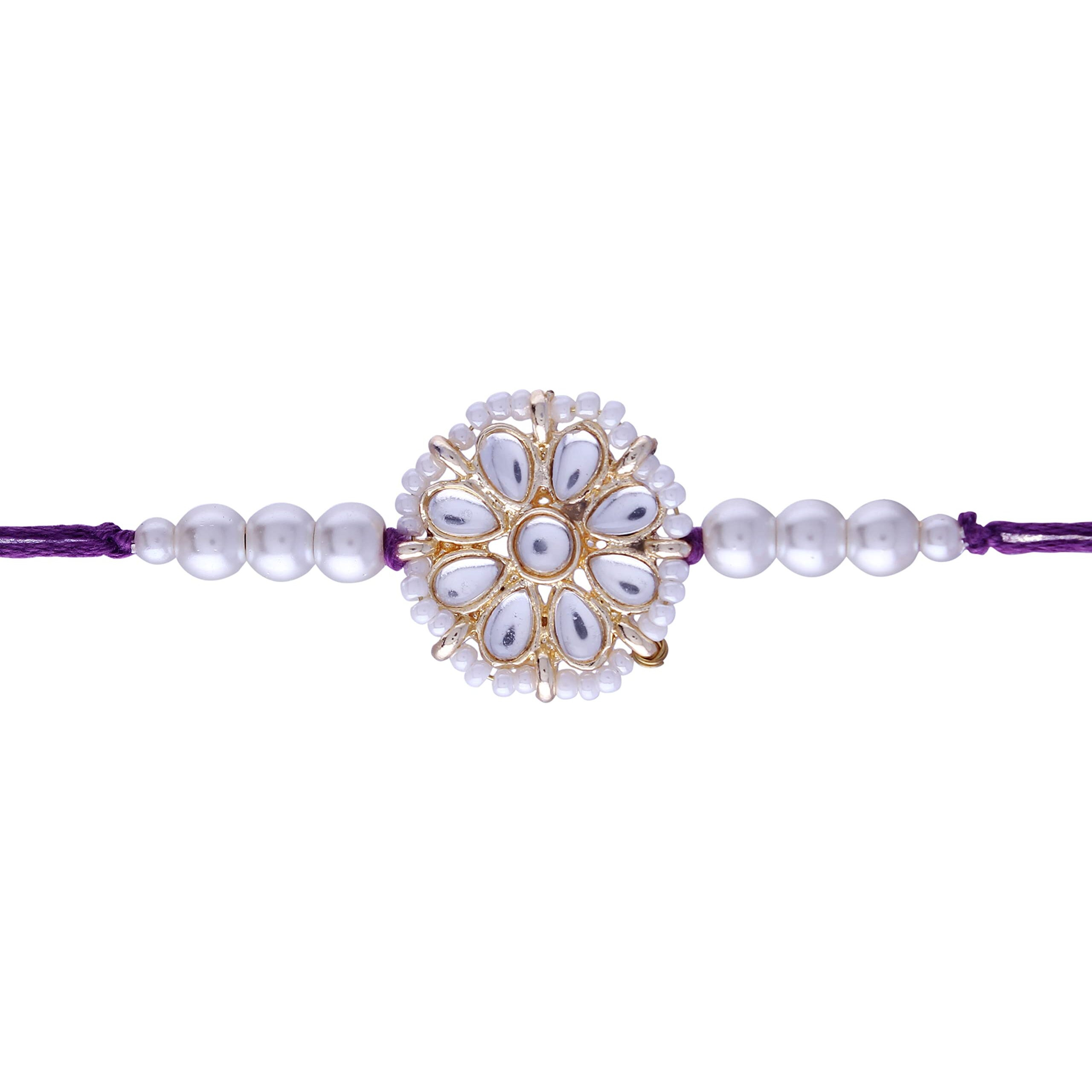 I Jewels Mens Rakshabandhan Special Kundan & Pearl Rakhi With Roli Chawal & Rakshabandhan Card For Brother/Bro/Bhai (R083W)