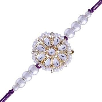I Jewels Mens Rakshabandhan Special Kundan & Pearl Rakhi With Roli Chawal & Rakshabandhan Card For Brother/Bro/Bhai (R083W)