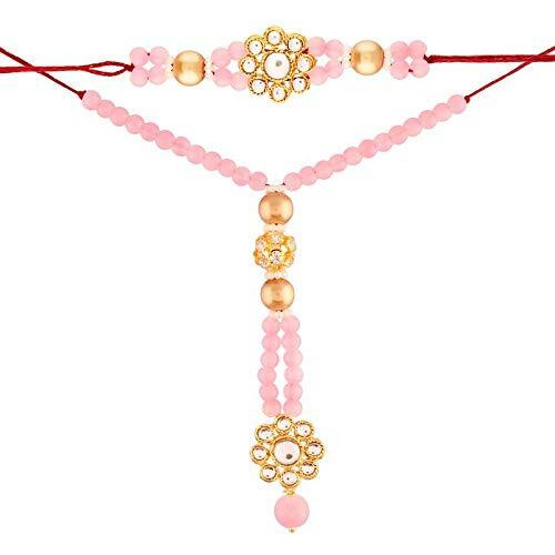 I Jewels Men Gold Plated Designer Kundan Pearl Rakhi Set For Bhaiya Bhabhi (R909Co)