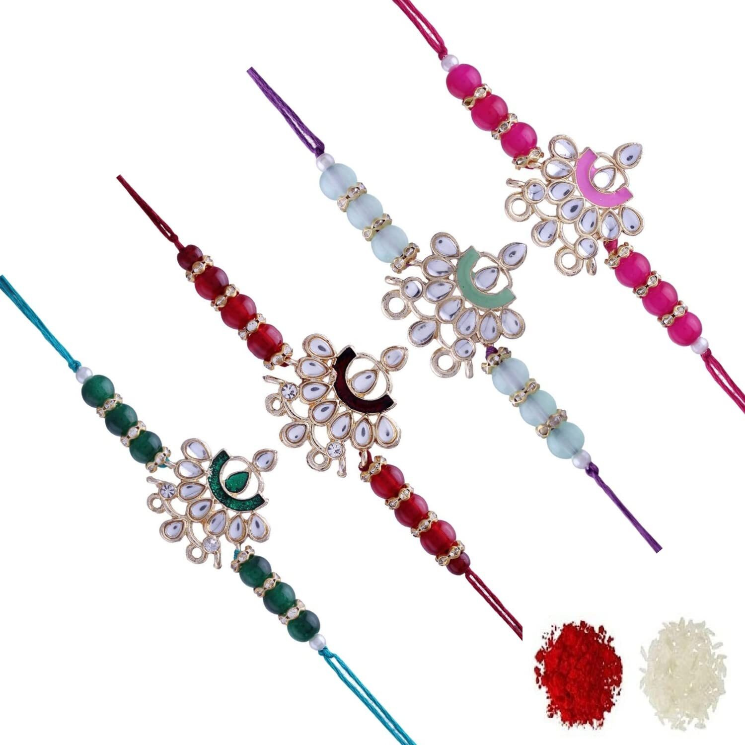 I Jewels Mens Gold Plated Ethnic Enamel Pearl Beads Bhaiya Bhabhi Lumba Rakhi Bracelet Combo Set With Roli Chawal & Rakshabandhan Card (R066Co) (Set Of 4)