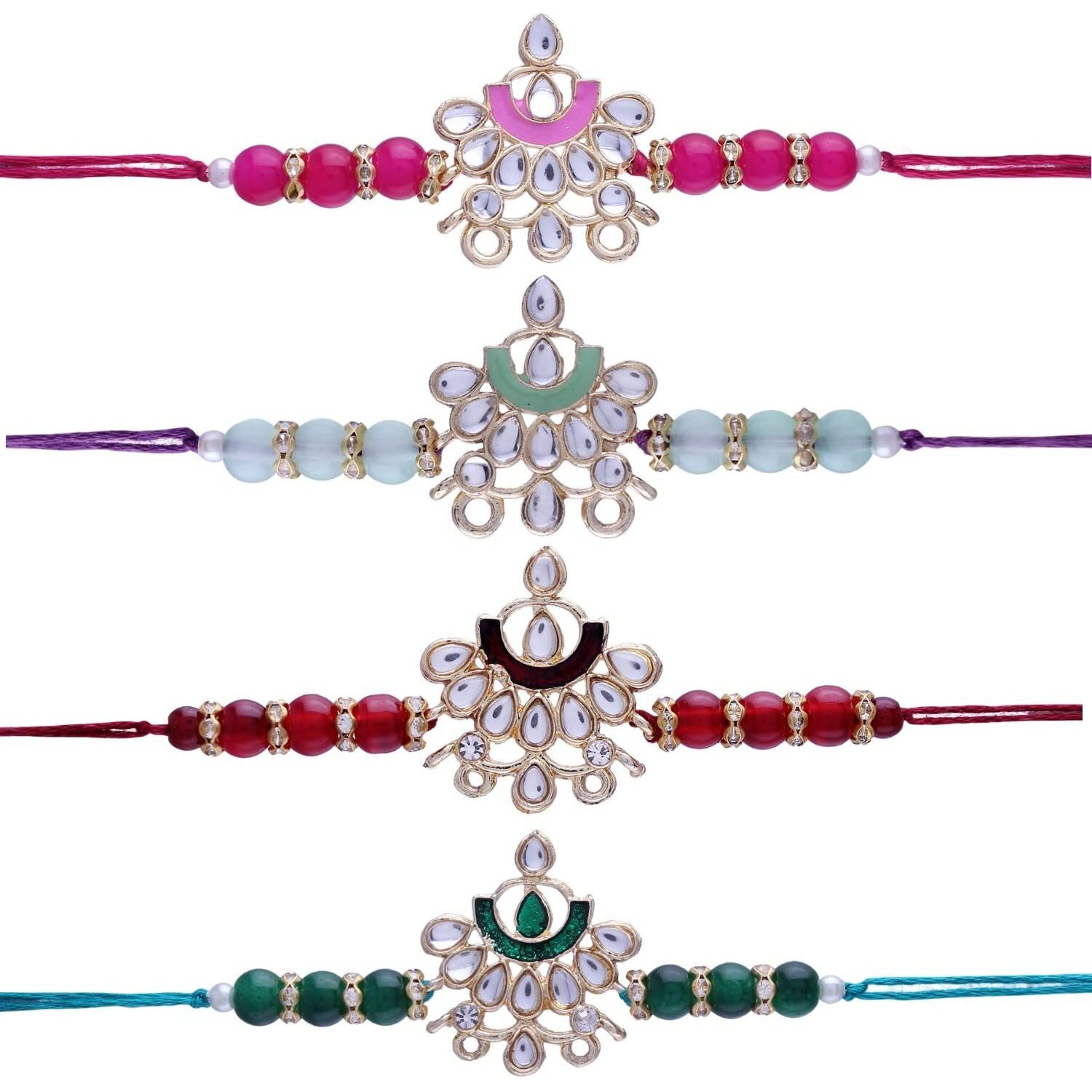 I Jewels Mens Gold Plated Ethnic Enamel Pearl Beads Bhaiya Bhabhi Lumba Rakhi Bracelet Combo Set With Roli Chawal & Rakshabandhan Card (R066Co) (Set Of 4)