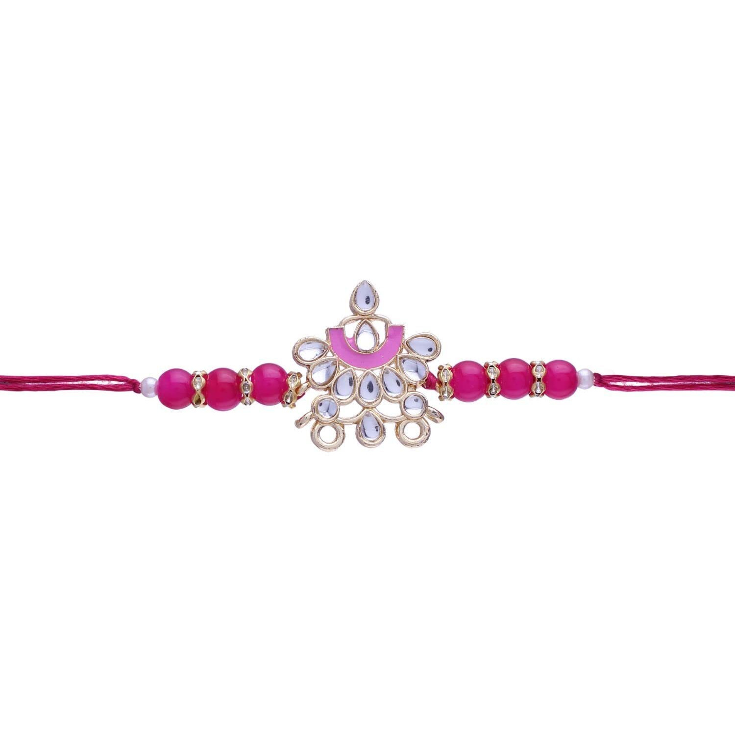 I Jewels Mens Gold Plated Ethnic Enamel Pearl Beads Bhaiya Bhabhi Lumba Rakhi Bracelet Combo Set With Roli Chawal & Rakshabandhan Card (R066Co) (Set Of 4)