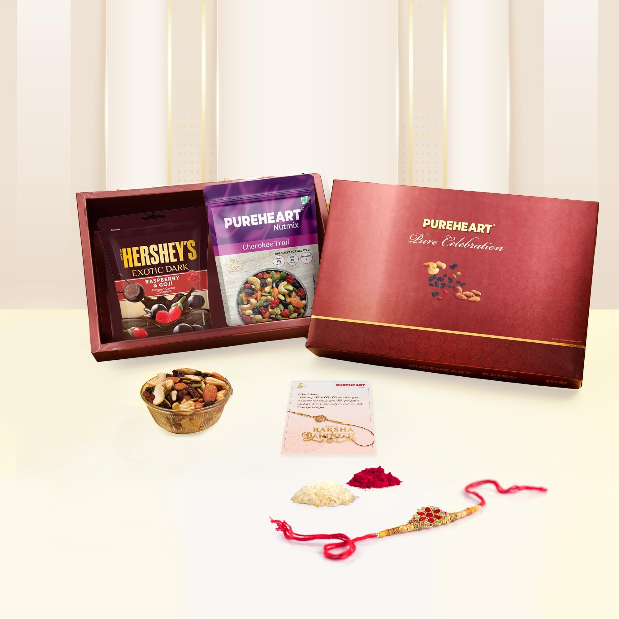 Pureheart Rakhi Gift Hamper - Cherokee Trail Mix (80G) & Hershey's Kisses Chocolate With Designer Floral Rakhi For Brother, Gift Card, Pooja Rice, Kumkum, Premium Dry Fruits Gift