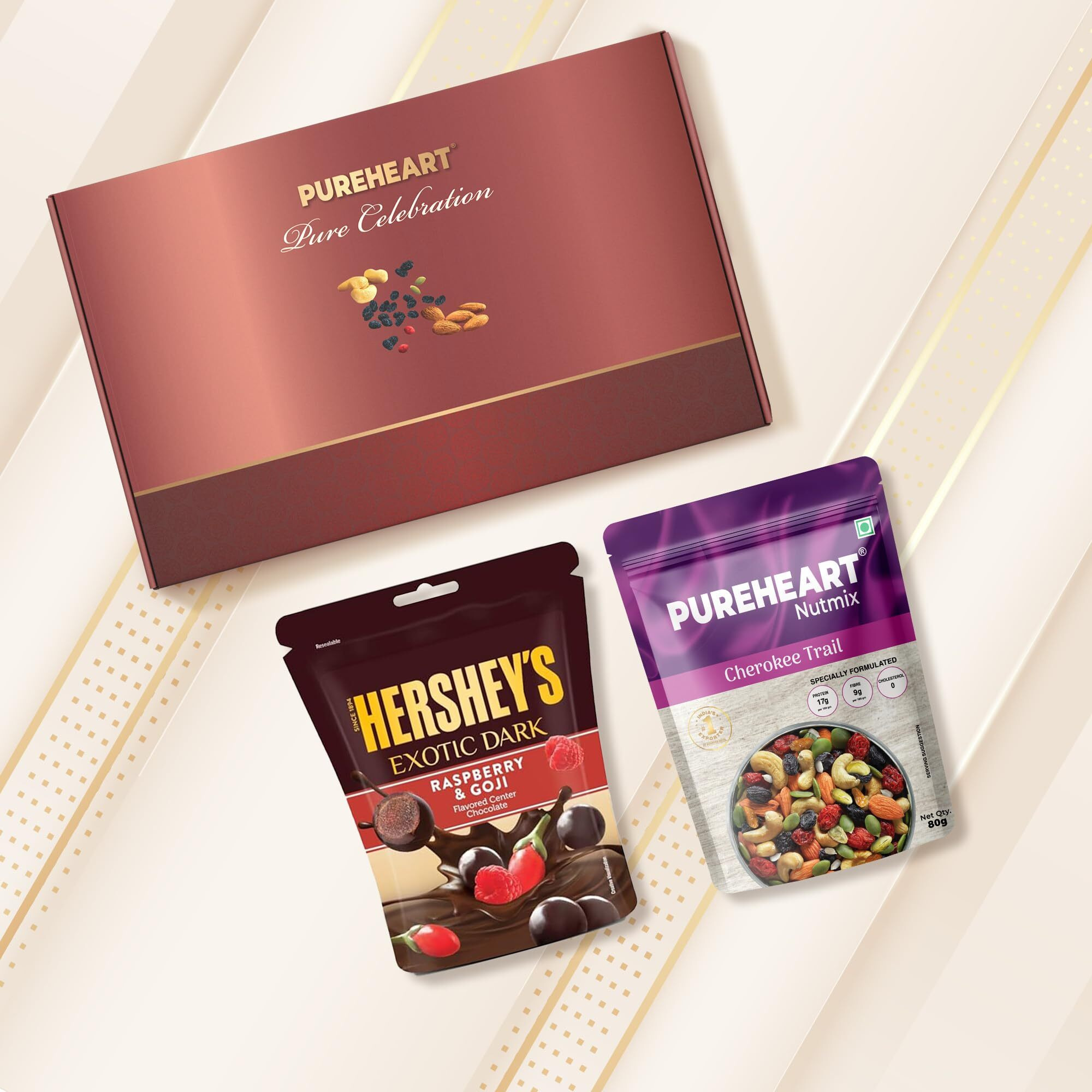 Pureheart Rakhi Gift Hamper - Cherokee Trail Mix (80G) & Hershey's Kisses Chocolate With Designer Floral Rakhi For Brother, Gift Card, Pooja Rice, Kumkum, Premium Dry Fruits Gift