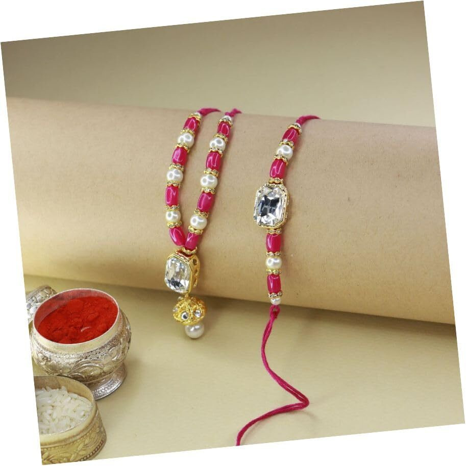 I Jewels Bhaiya Bhabhi Lumba Rakhi Bracelet Combo Set With Roli Chawal & Rakshabandhan Card For Unisex Adult (R071Q-Co)
