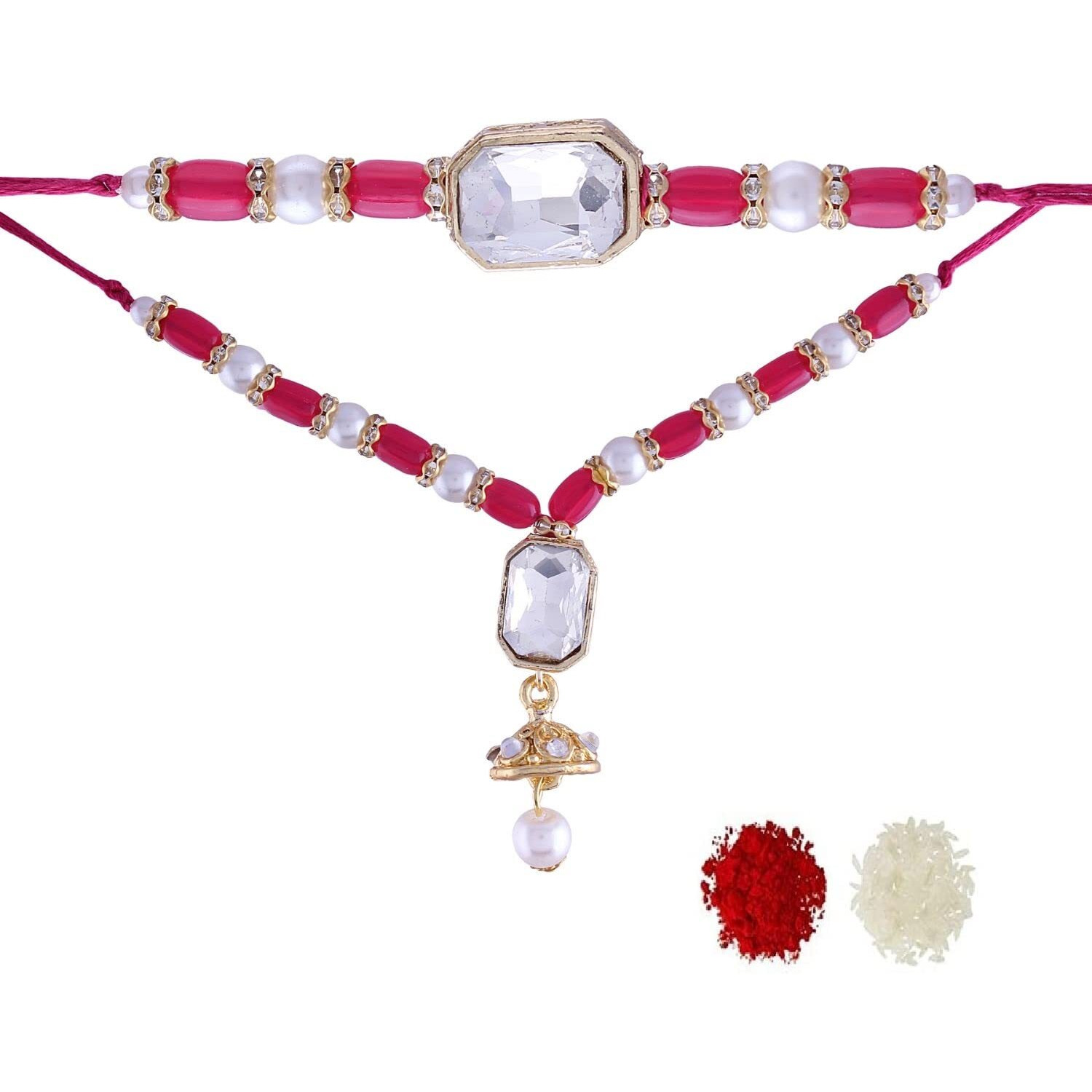 I Jewels Bhaiya Bhabhi Lumba Rakhi Bracelet Combo Set With Roli Chawal & Rakshabandhan Card For Unisex Adult (R071Q-Co)