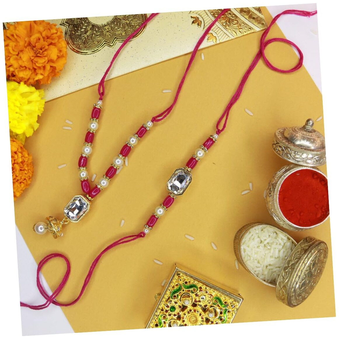 I Jewels Bhaiya Bhabhi Lumba Rakhi Bracelet Combo Set With Roli Chawal & Rakshabandhan Card For Unisex Adult (R071Q-Co)