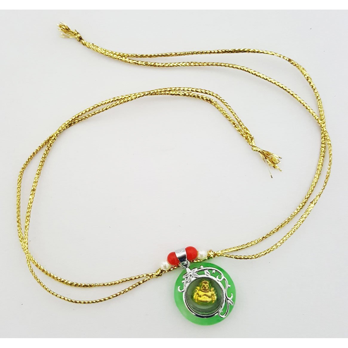 Mehrunnisa Set Of 2 Handmade Exquisite Jade Rotating Laughing Buddha & Dull Gold Bead Rakhi With Roli & Chawal (Rak922)