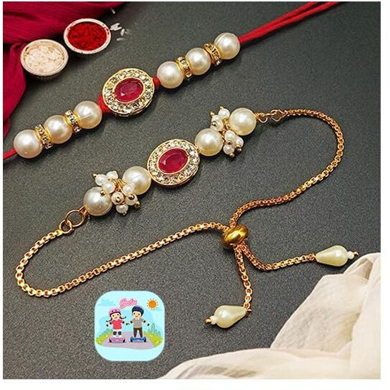 Craftvatika Rakhi Combo Set For Brother And Bhabhi Premium Lumba Floral Rakhi Kundan Bracelet For Bhaiya Men Bhabhi Women Raksha Bandhan Couple Pearl Set Of 2 For Unisex Adult