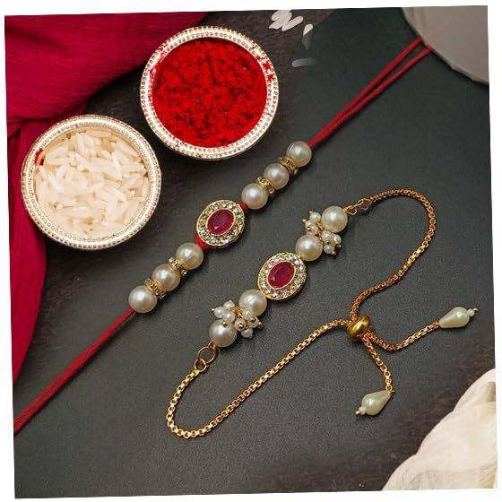 Craftvatika Rakhi Combo Set For Brother And Bhabhi Premium Lumba Floral Rakhi Kundan Bracelet For Bhaiya Men Bhabhi Women Raksha Bandhan Couple Pearl Set Of 2 For Unisex Adult