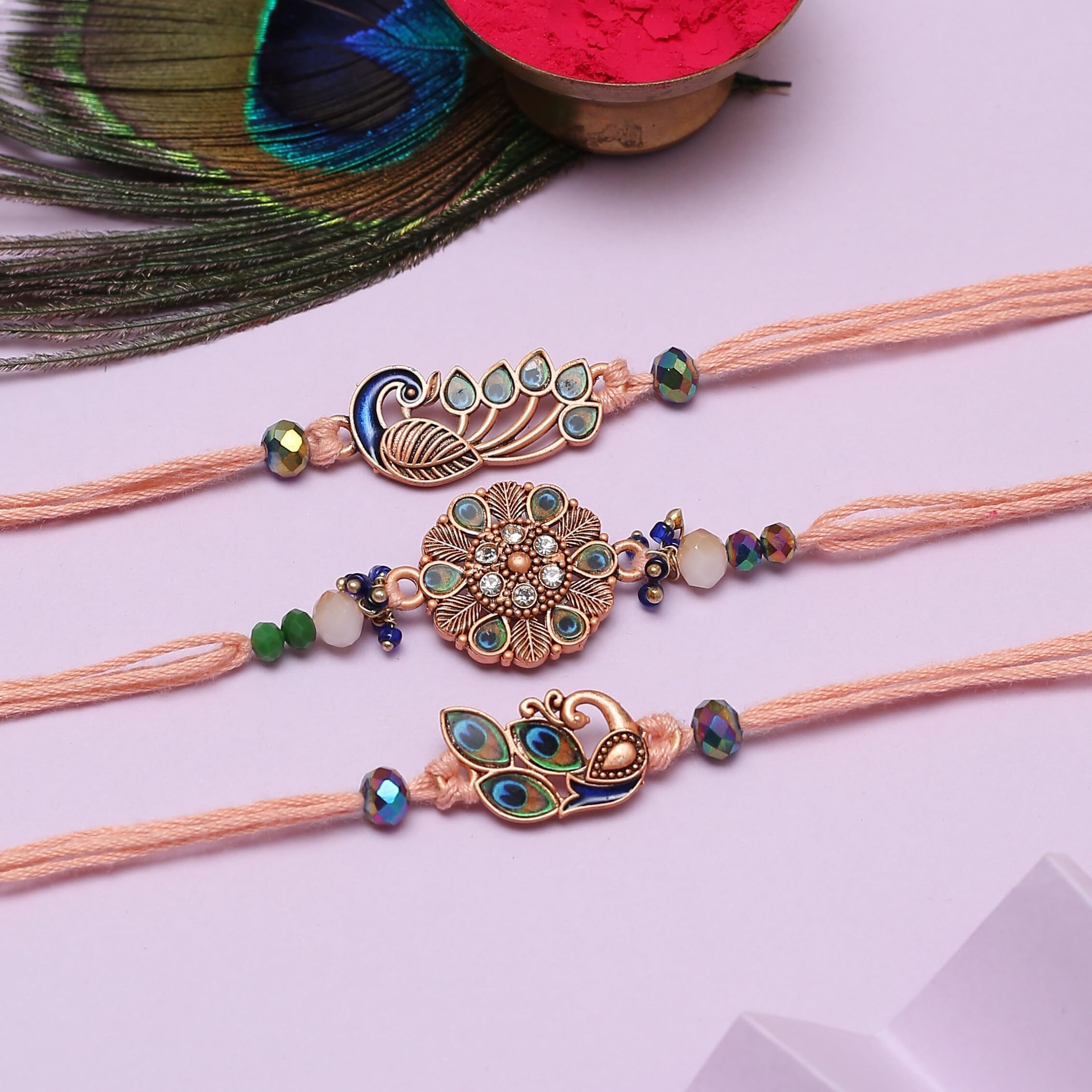 The Purple Tree Mens Rose Gold Meenakari Peacock Rakhis For Brother With Roli Chawal And Card (Pack Of 3) Rakhi For Bhai, Rakshabandhan Gift For Brother, Rakhi Gift