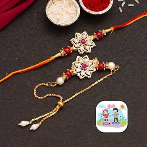 Craftvatika Rakhi Set For Brother, Rakhi For Brother Gift Combo For Bhaiya And Bhabhi Designer Lumba Rakhis Set Couple For Bhai And Bhabhi Rakshabandhan With Fridge Magnet For Fridge Decor, Greeting Card, Tilak Set