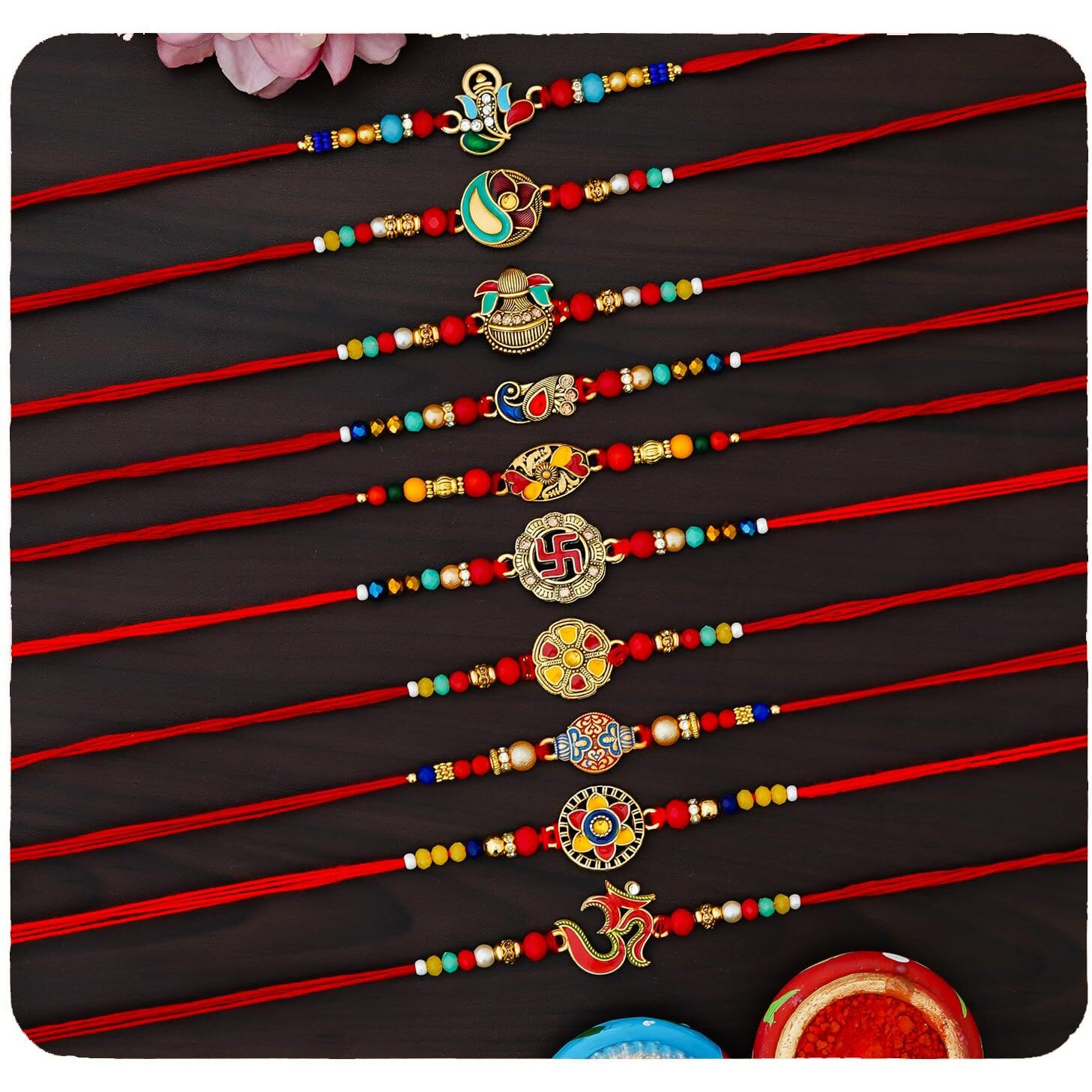 Tonkwalas Combo Of 10 Rakhi Set For Men With Roli Chawal Best Wishes Greeting Card Rakhi For Brother (Multicolor-2)